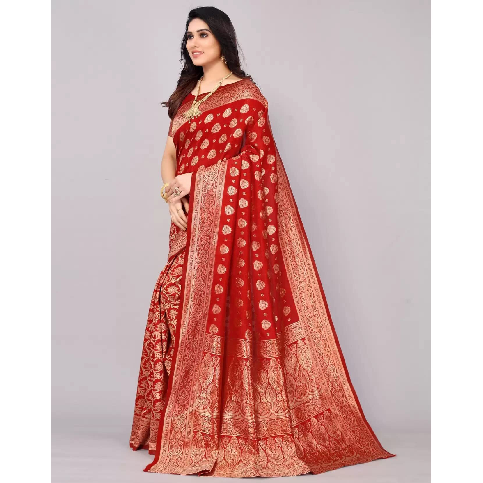 Sugathari Women's Banarasi Saree Pure Kanjivaram Silk Saree Soft New Ladies 2023 Design Wear Pattu Sarees Latest Cotton Party Sari Collections With Blouse Piece For Wedding Sadi (Pari 161 Red)