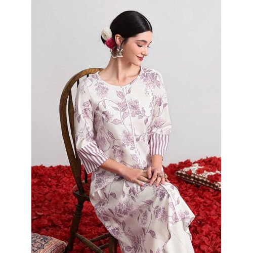 Tadkee Women's Round Neck Printed Kurta With Pants | Kurta Set For Women (Fn-Round-Floral-Set-128-Cream-Xxl)