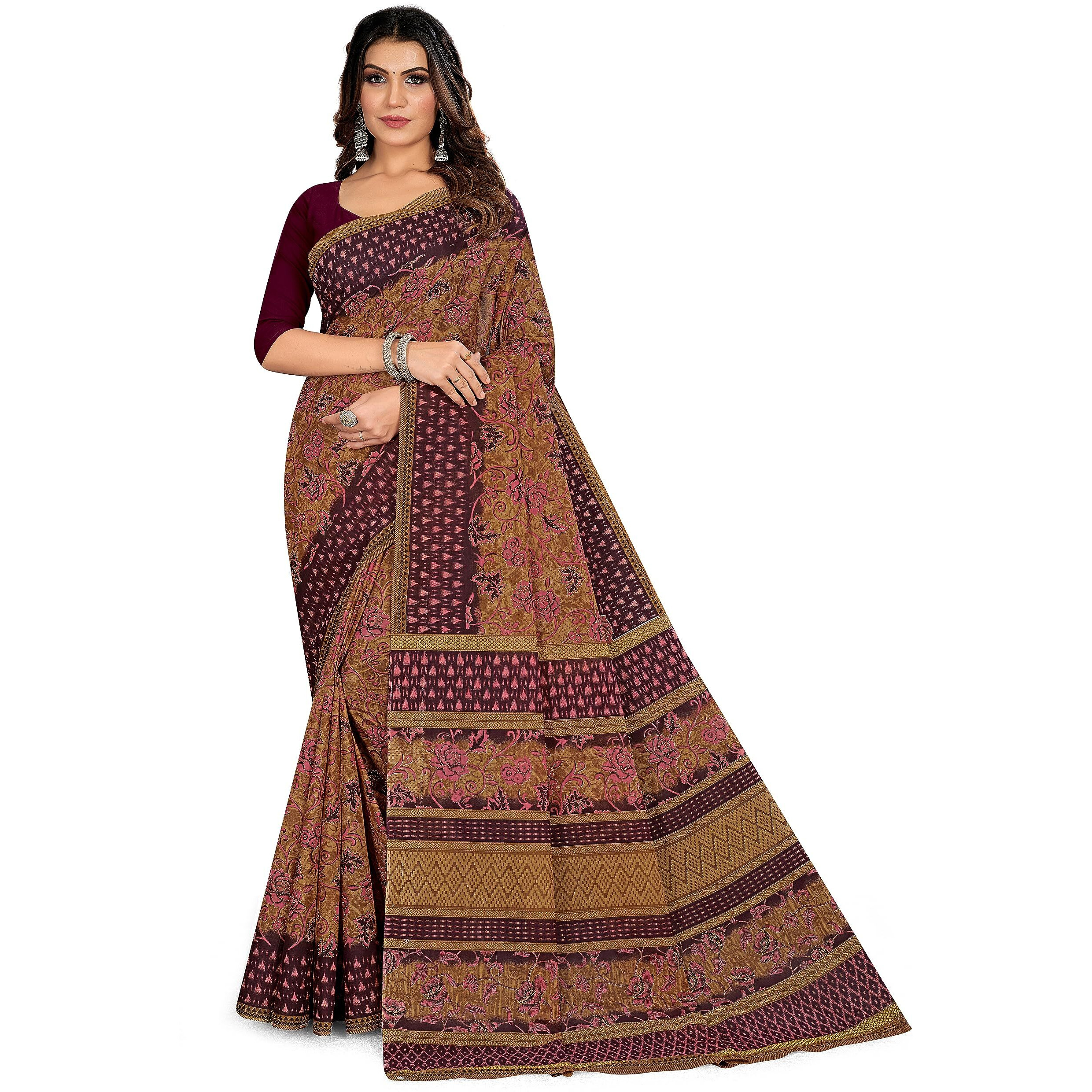 Tamaira Fashion Women's Plain Weave Floral Print Pure Cotton Saree Without Blouse Piece(11147_Beige&Dustypink_)