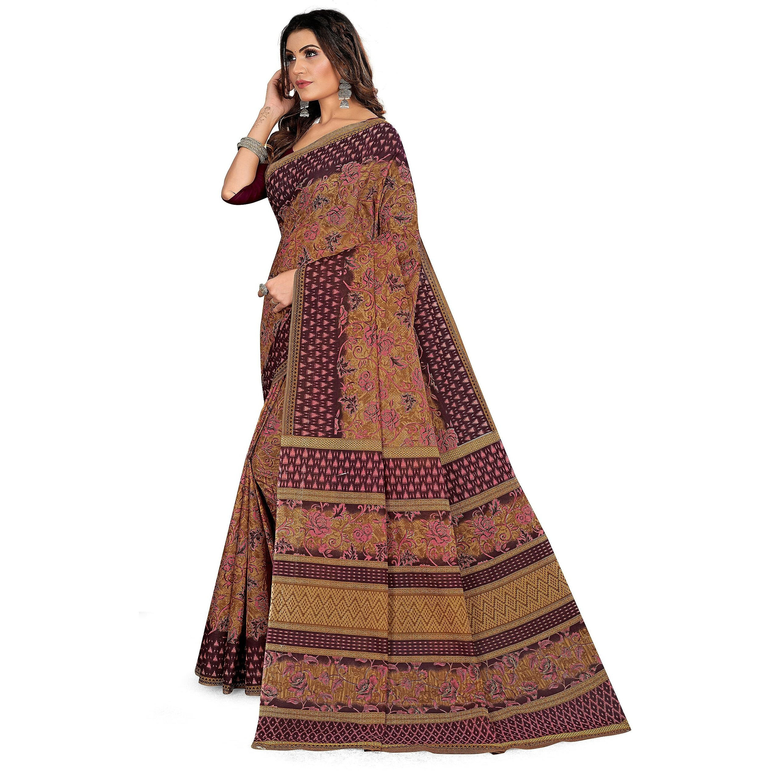 Tamaira Fashion Women's Plain Weave Floral Print Pure Cotton Saree Without Blouse Piece(11147_Beige&Dustypink_)