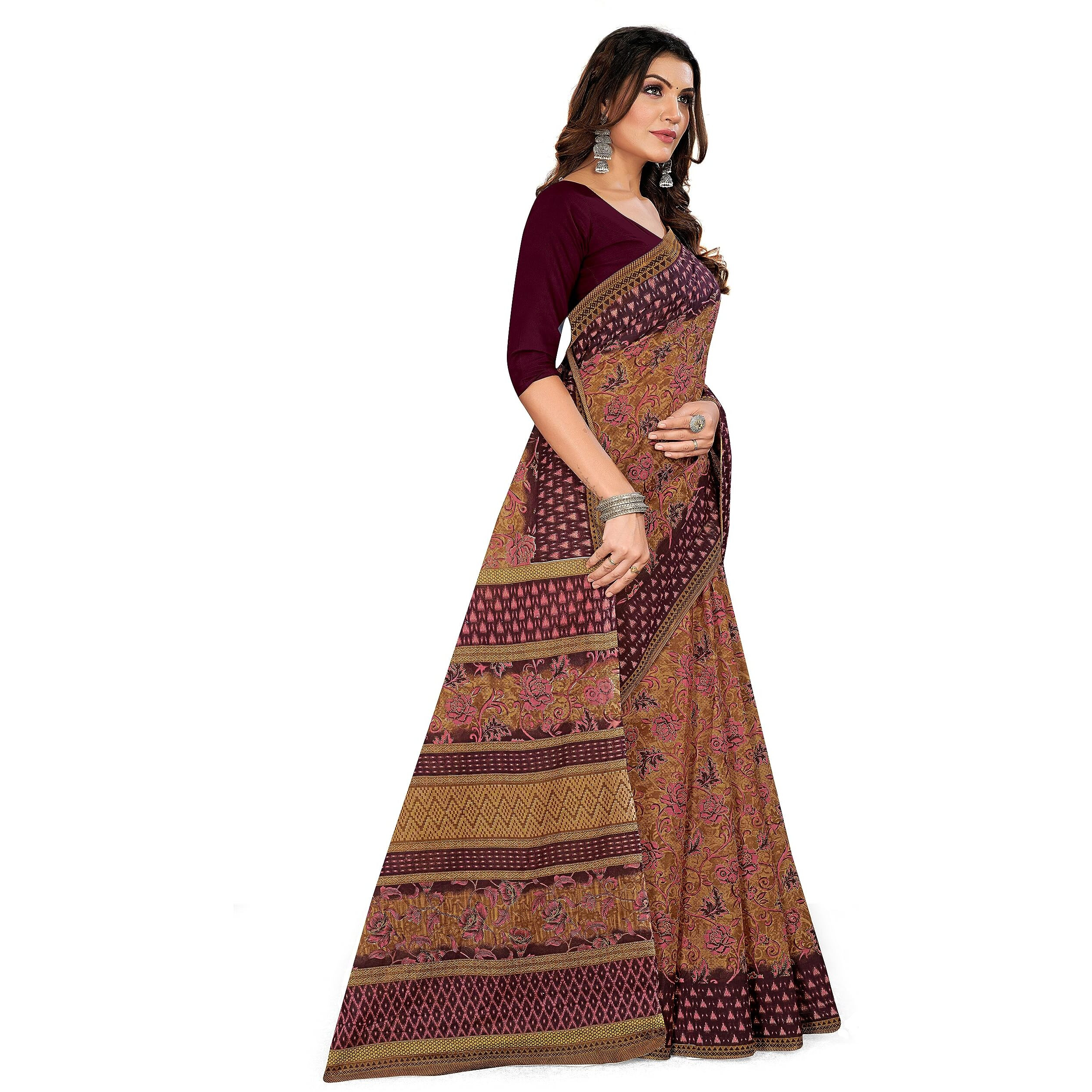 Tamaira Fashion Women's Plain Weave Floral Print Pure Cotton Saree Without Blouse Piece(11147_Beige&Dustypink_)