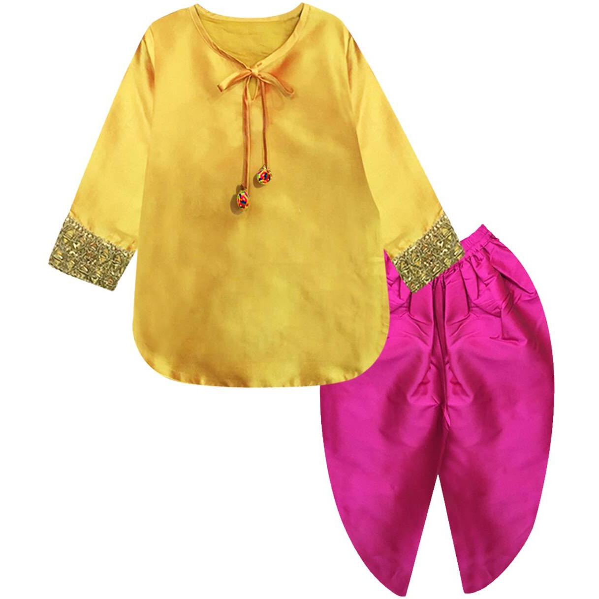 A.T.U.N. (All Things Uber Nice) Girl's Synthetic Straight Salwar Suit (Gkls Shz Amf_Amber/Fuchsia_5-6 Years)