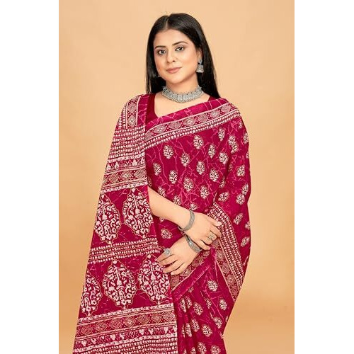 Tamaira Fashion Women's Jaipuri Hand Block Printed Pure Cotton Mulmul Saree Without Blouse Piece(2462_Ranipink)