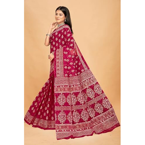Tamaira Fashion Women's Jaipuri Hand Block Printed Pure Cotton Mulmul Saree Without Blouse Piece(2462_Ranipink)