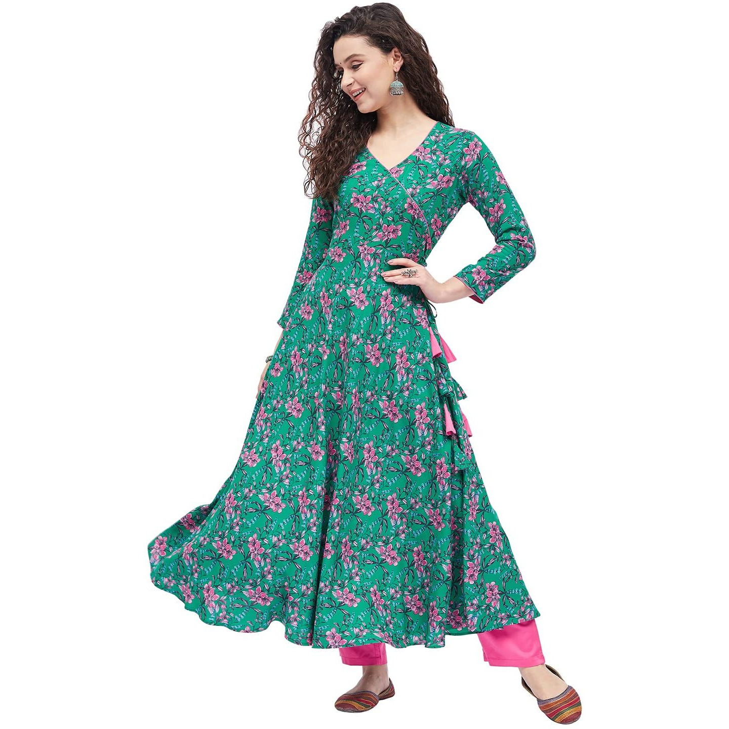 Tissu Women's Rayon Dark Green & Pink Floral Printed Angrakha Kurta 2209_Green_M
