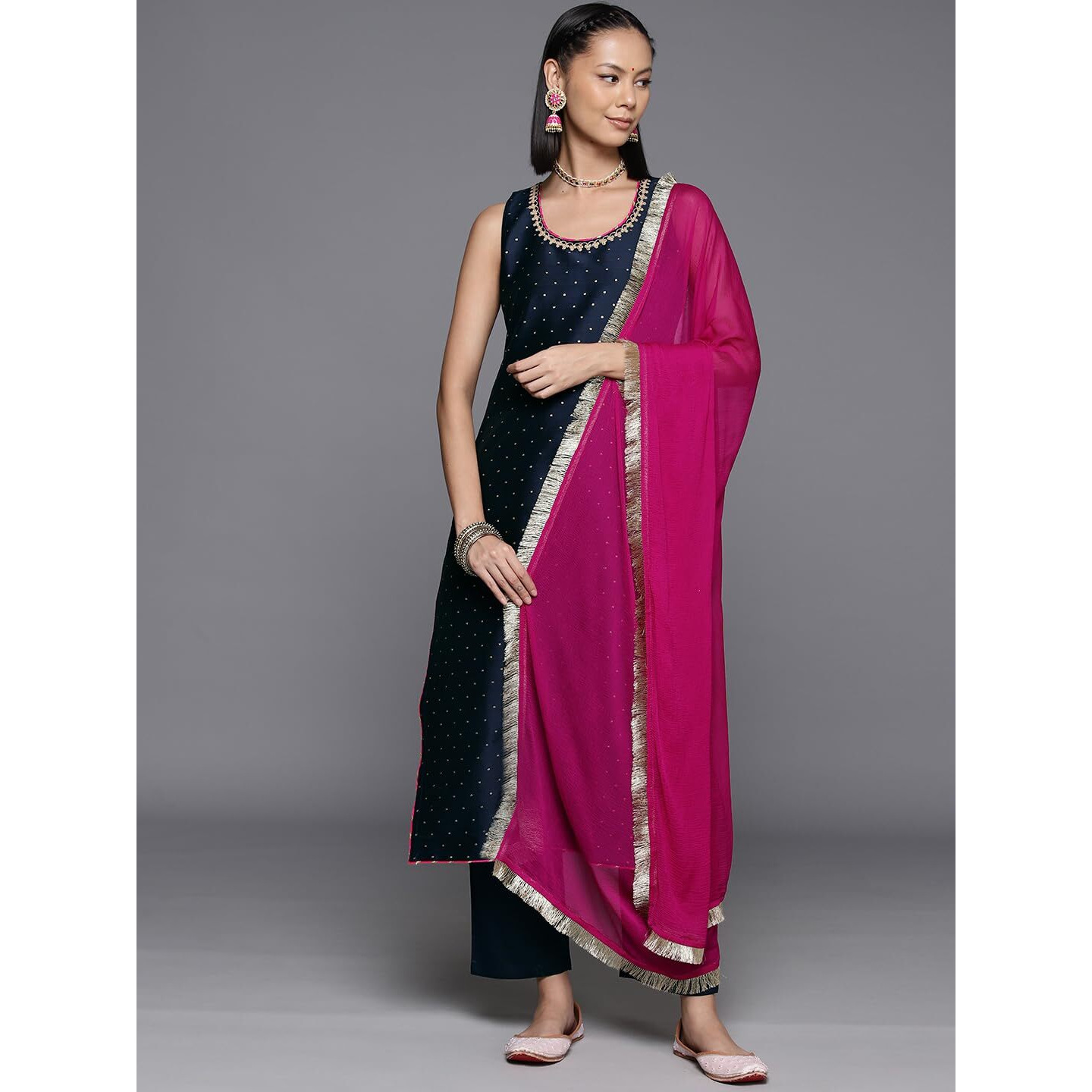 Varanga Women Navy Blue Dotted Printed Kurta, Round Neck, Paired With Tonal Bottom And Contrast Dupatta.