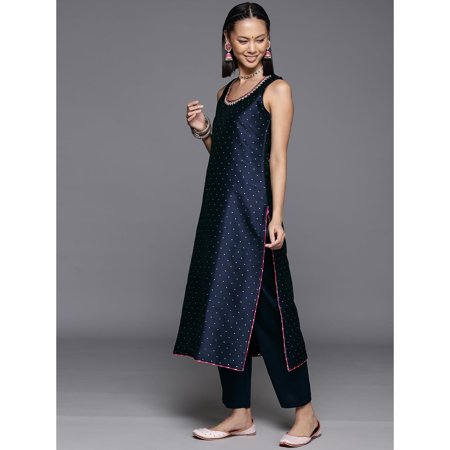 Varanga Women Navy Blue Dotted Printed Kurta, Round Neck, Paired With Tonal Bottom And Contrast Dupatta.