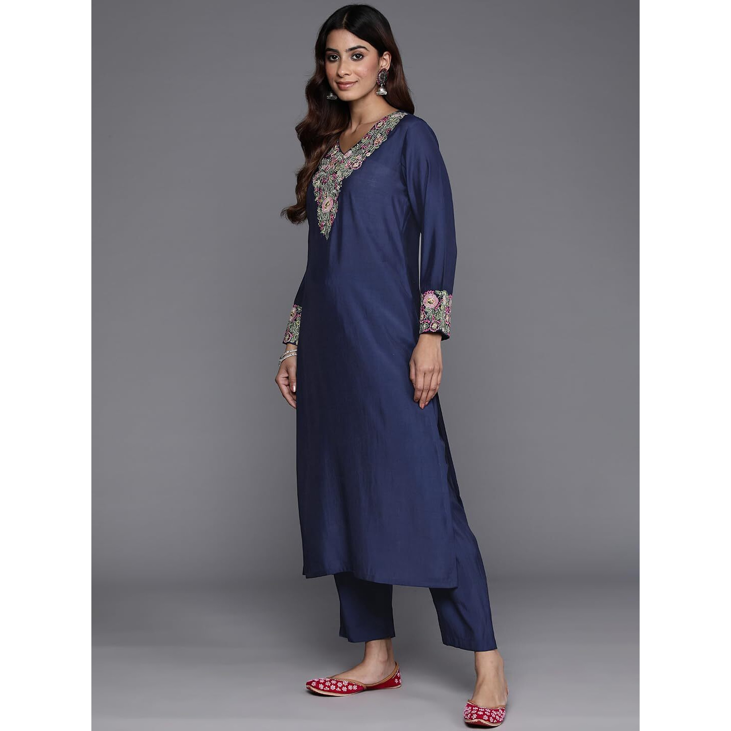 Varanga Women Blue Thread Embroidered Straight Kurta With Bottom And Dupatta  Elegant Traditional Ensemble (Medium)