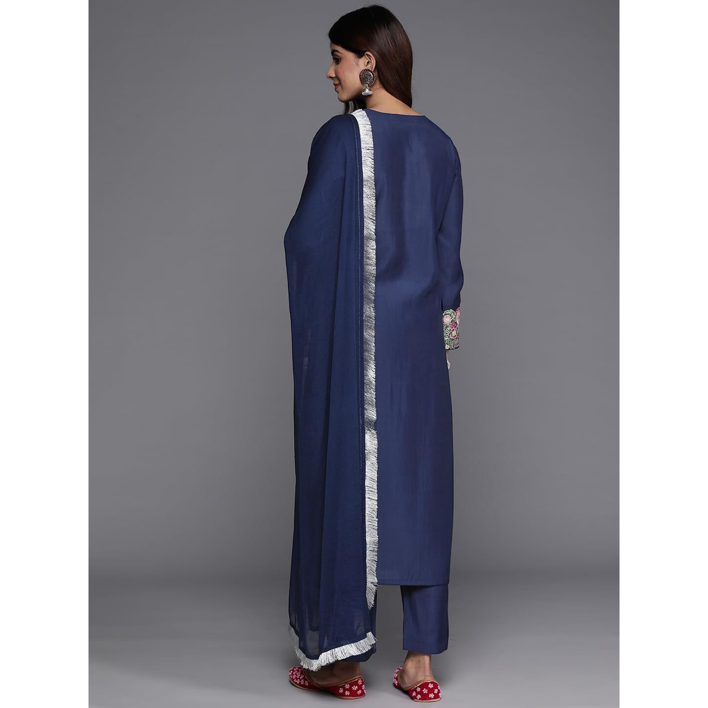 Varanga Women Blue Thread Embroidered Straight Kurta With Bottom And Dupatta  Elegant Traditional Ensemble (Medium)