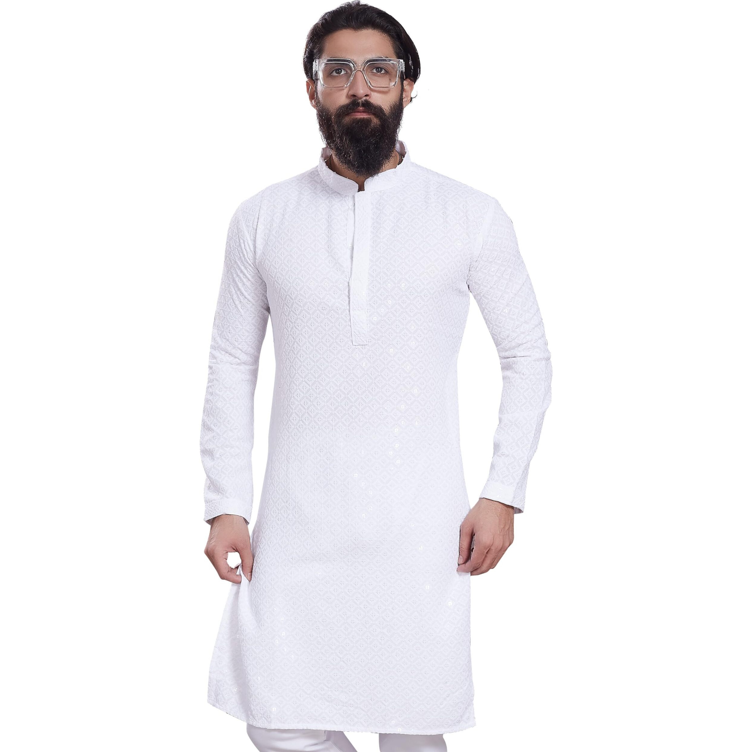 Divisive Men's Sequince Embroidered Cotton Blend Only Slim Fit Kurta (Dkrt233_L_White)