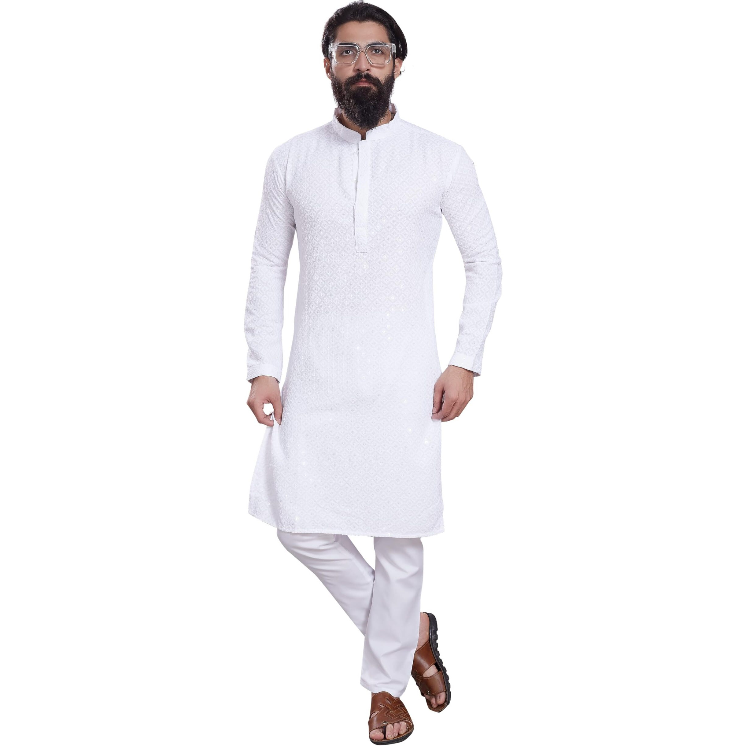 Divisive Men's Sequince Embroidered Cotton Blend Only Slim Fit Kurta (Dkrt233_L_White)