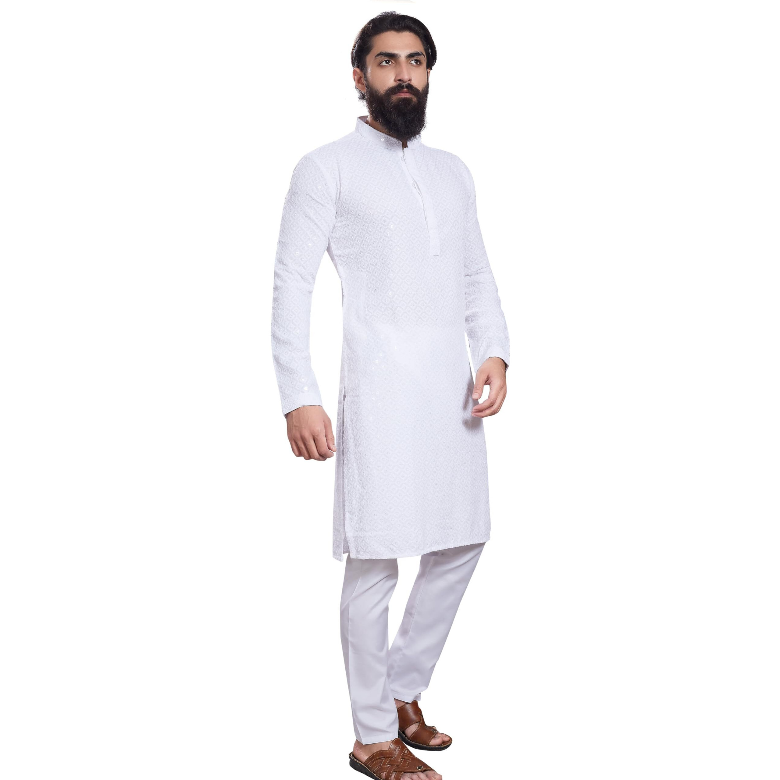 Divisive Men's Sequince Embroidered Cotton Blend Only Slim Fit Kurta (Dkrt233_L_White)