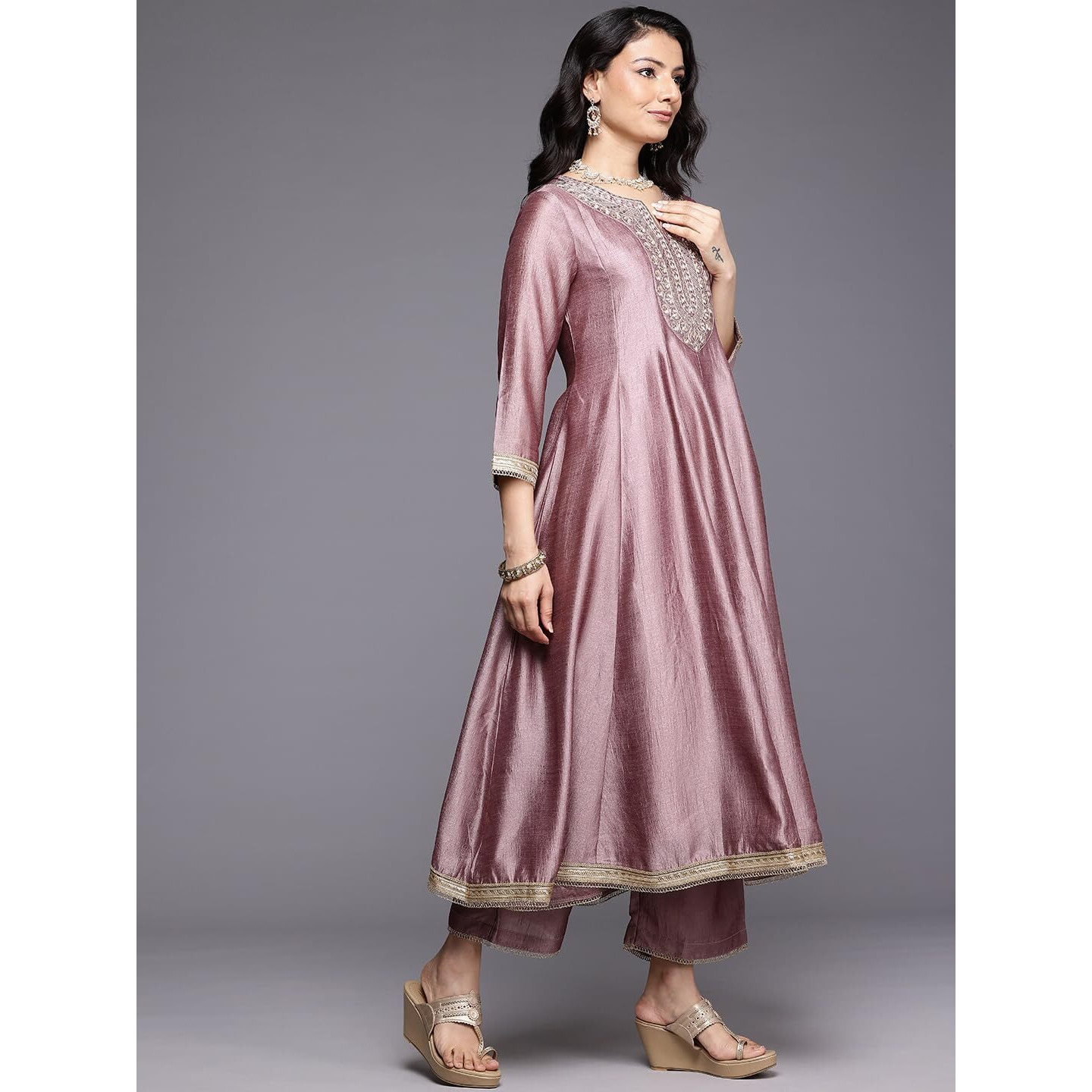 Varanga Women Mauve Zari Embroidered Sequins Embellished Anarkali Kurta With Bottom And Dupatta