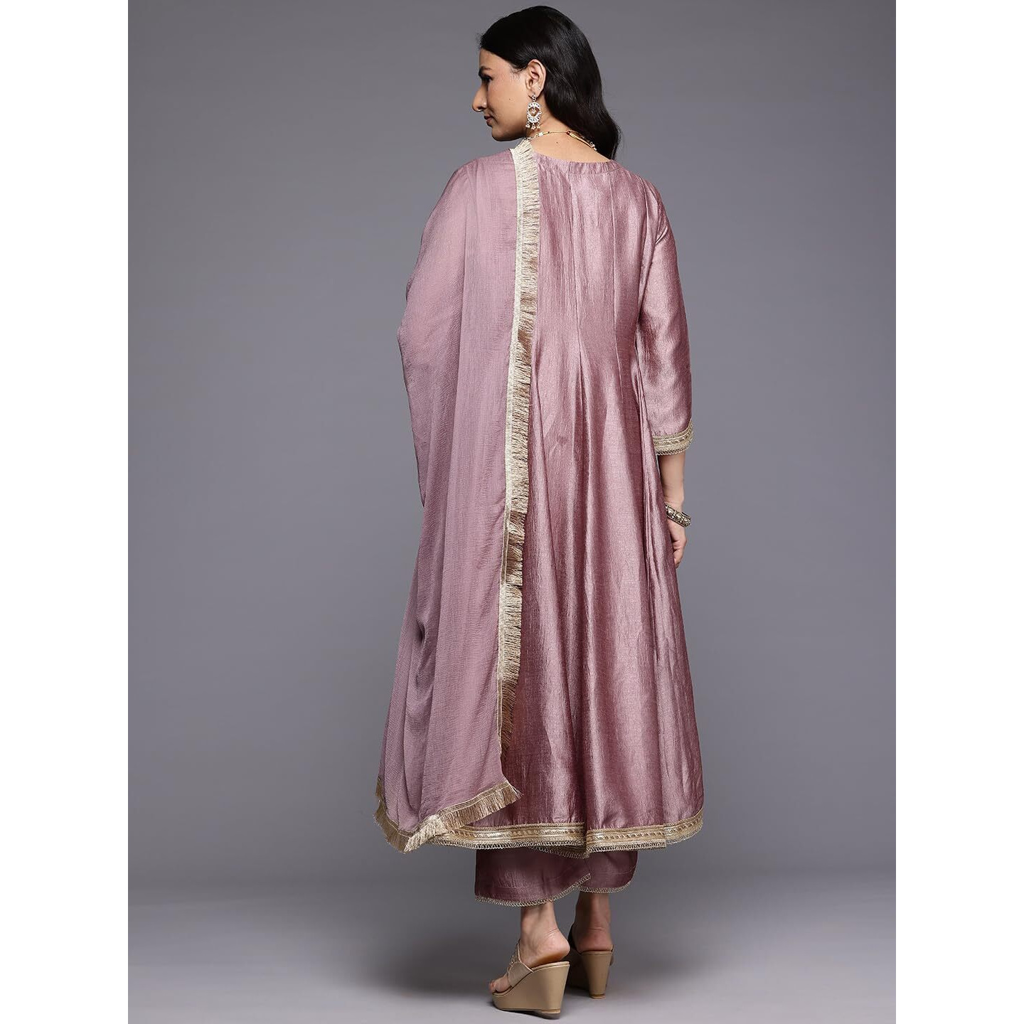 Varanga Women Mauve Zari Embroidered Sequins Embellished Anarkali Kurta With Bottom And Dupatta