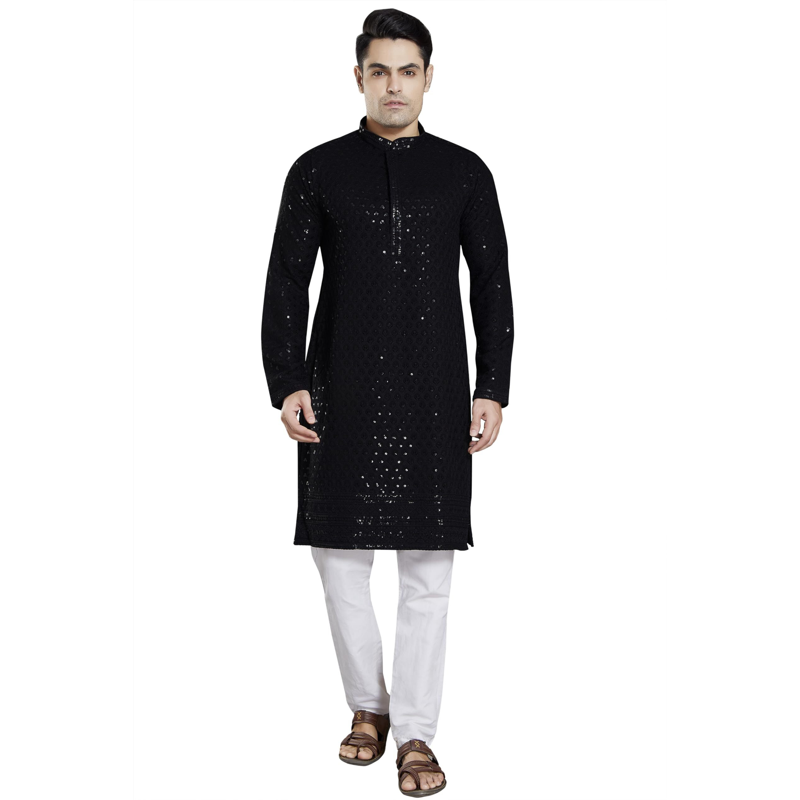 Divisive Men's Sequince Embroidered Cotton Blend Slim Fit Kurta Pyjama Set (Dkrt25_M_Black)