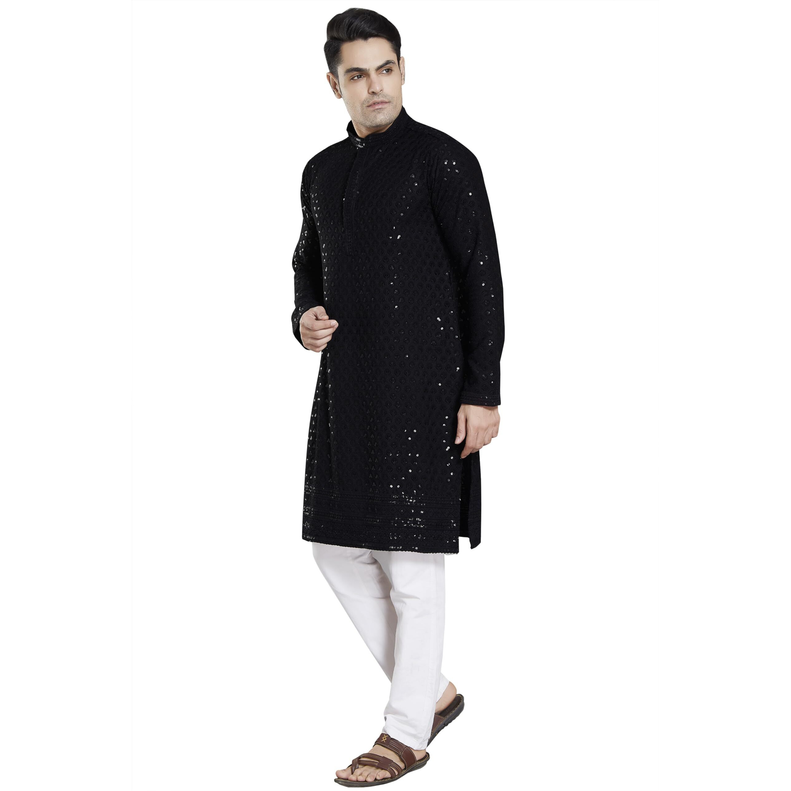 Divisive Men's Sequince Embroidered Cotton Blend Slim Fit Kurta Pyjama Set (Dkrt25_M_Black)