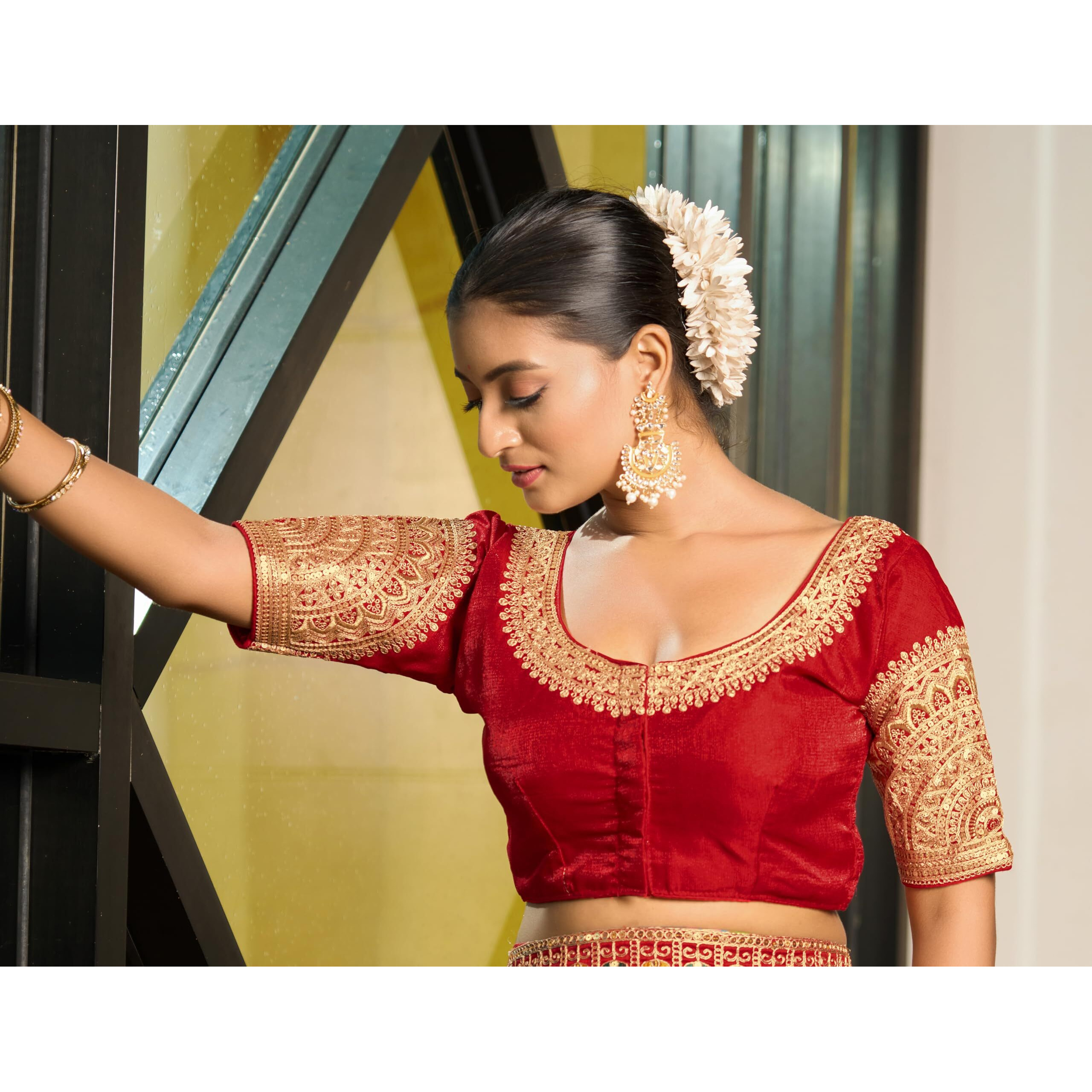 Vihu Fashion Women's Readymade Blouse Embroidery Multi Coding Dull Golden Sequence Work Indian Ethnic Designer Stitched Readymade Saree Half Sleeve Red Blouse For Women For Saree Lehenga Choli
