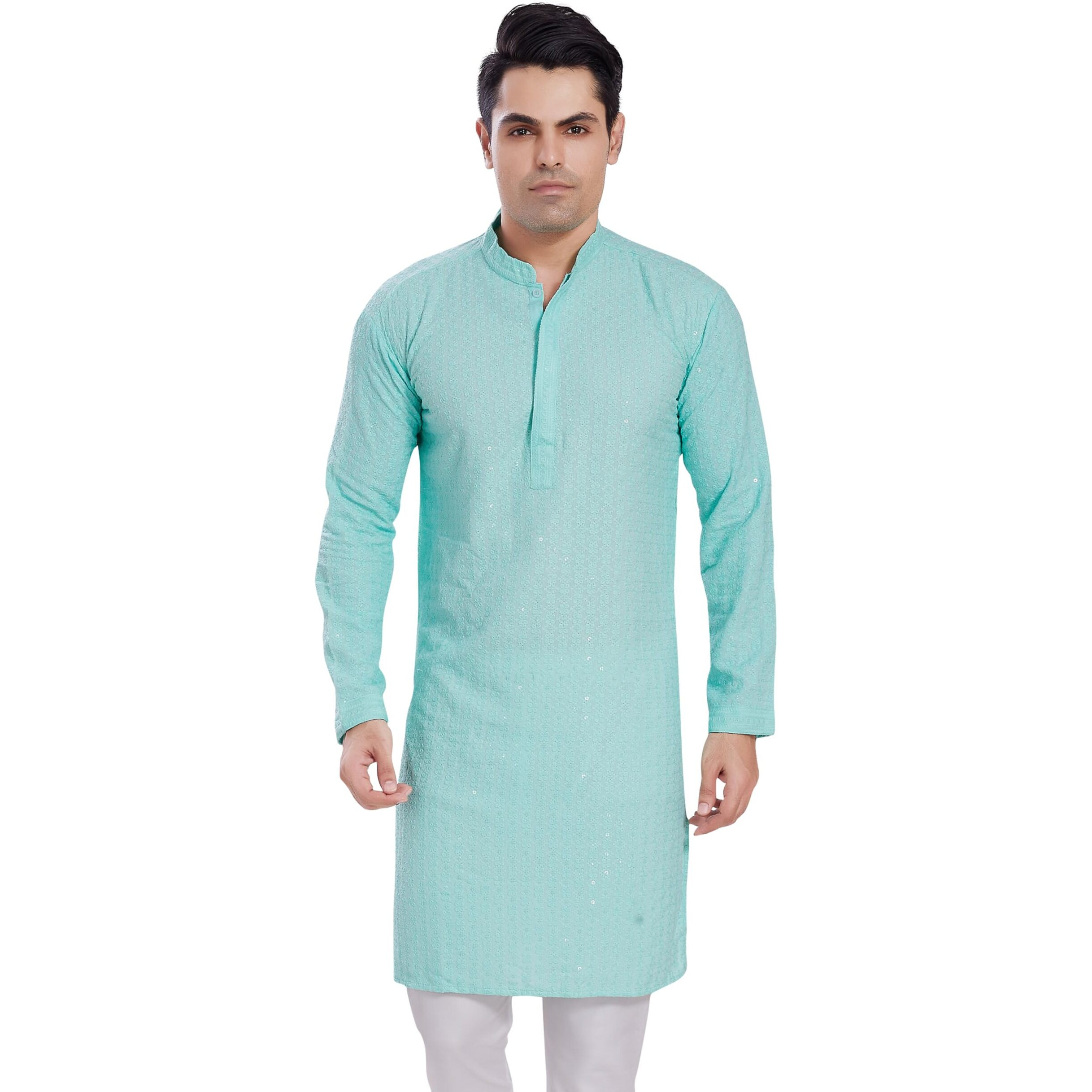 Divisive Men's Sequince Embroidered Cotton Blend Only Slim Fit Kurta (Dkrt511_M_Sky)