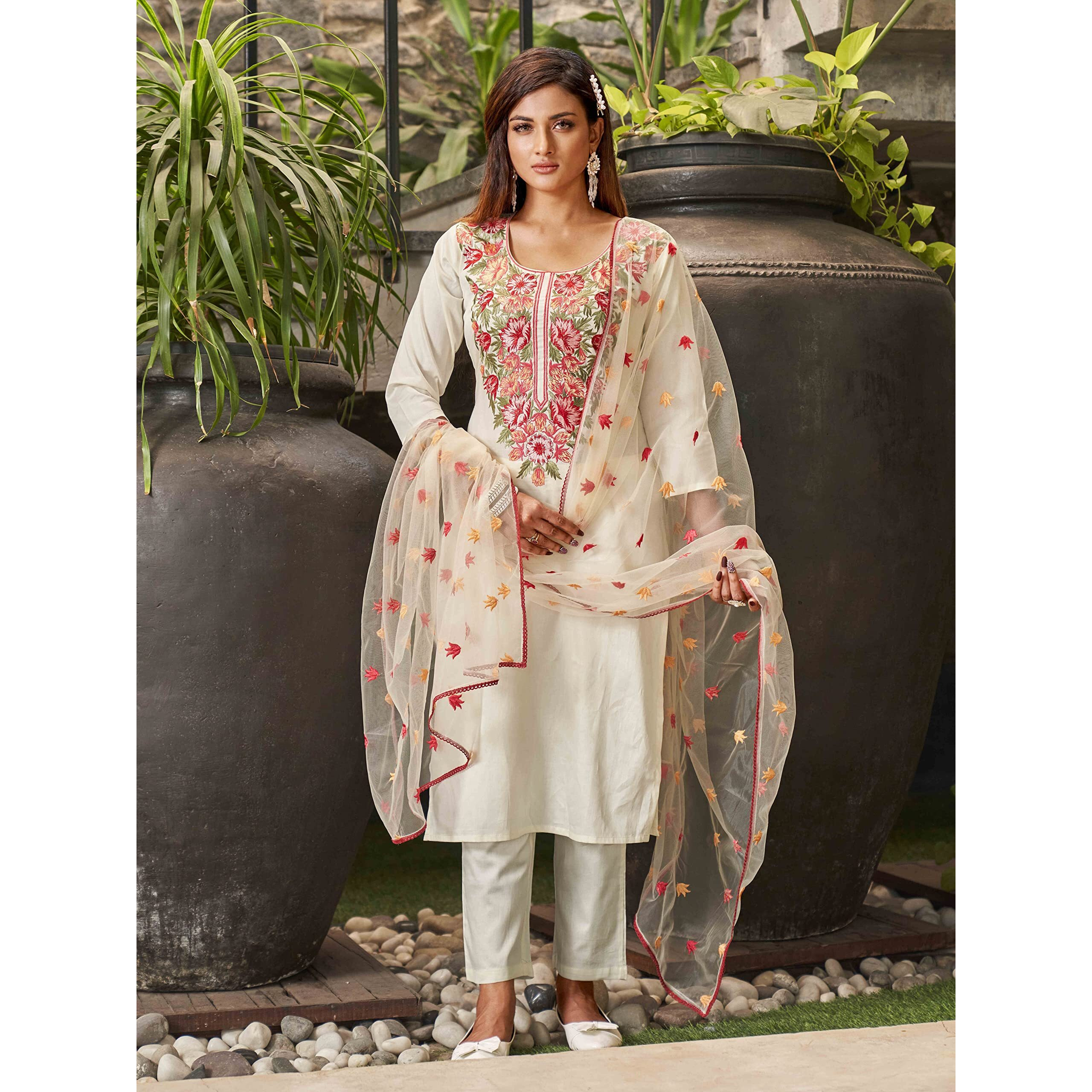 Womanista Women's Floral Embroidered Cotton Blend Kurta With Trousers & Dupatta(Kurtaset_1120_S), Kurta Trouser With Dupatta Set