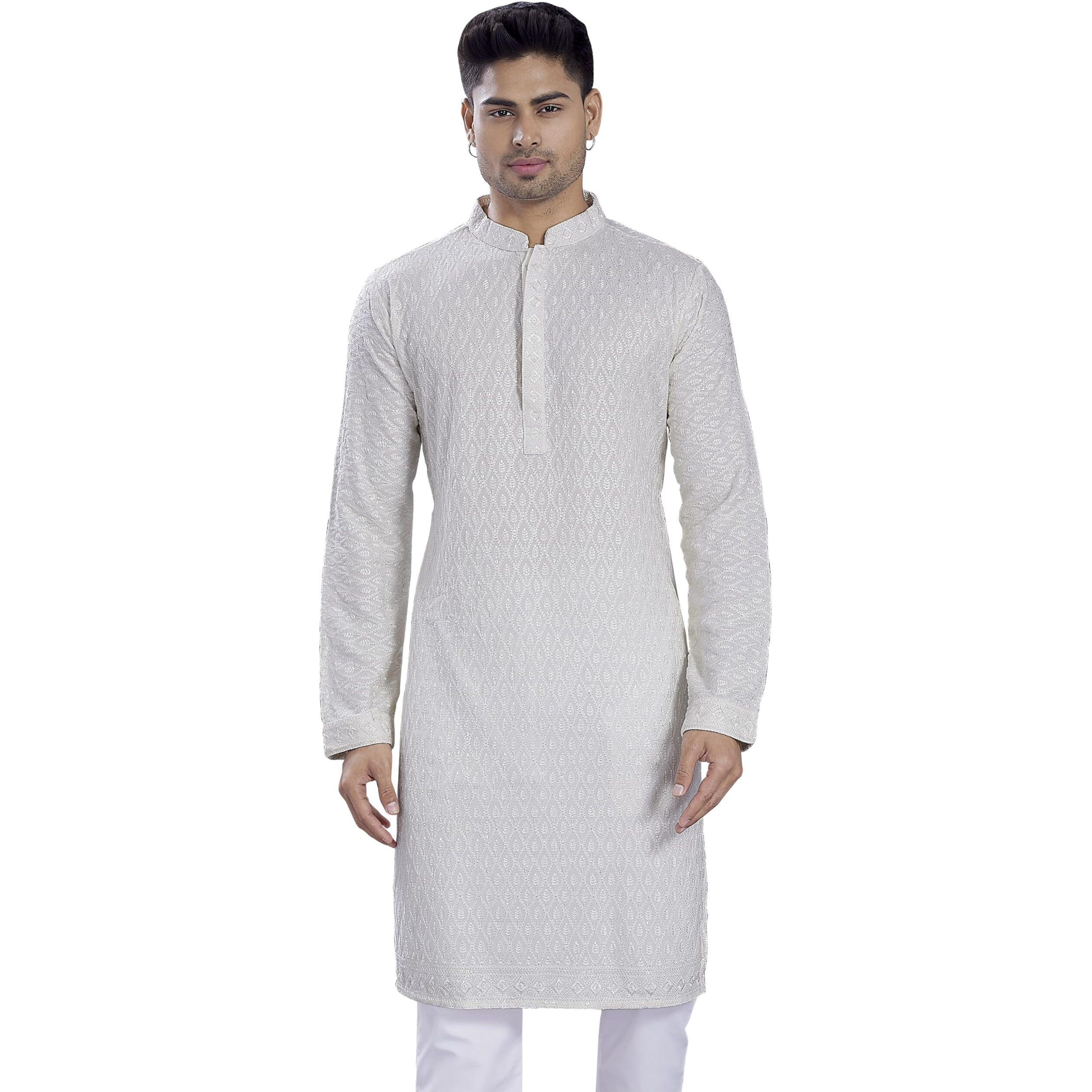 Divisive Men's Embroidered Cotton Blend Only Slim Fit Kurta (Dkrt678_Xl_Off White)