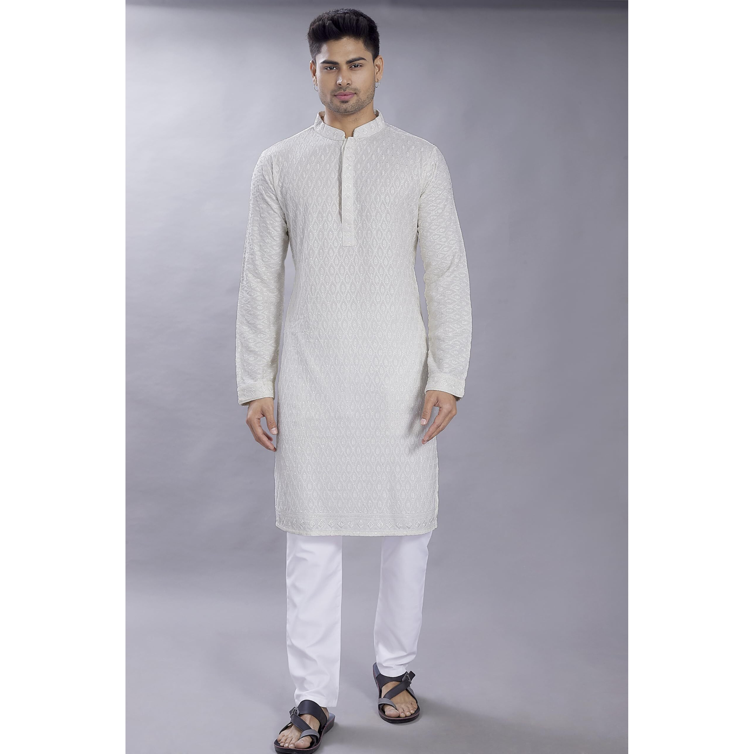 Divisive Men's Embroidered Cotton Blend Only Slim Fit Kurta (Dkrt678_Xl_Off White)