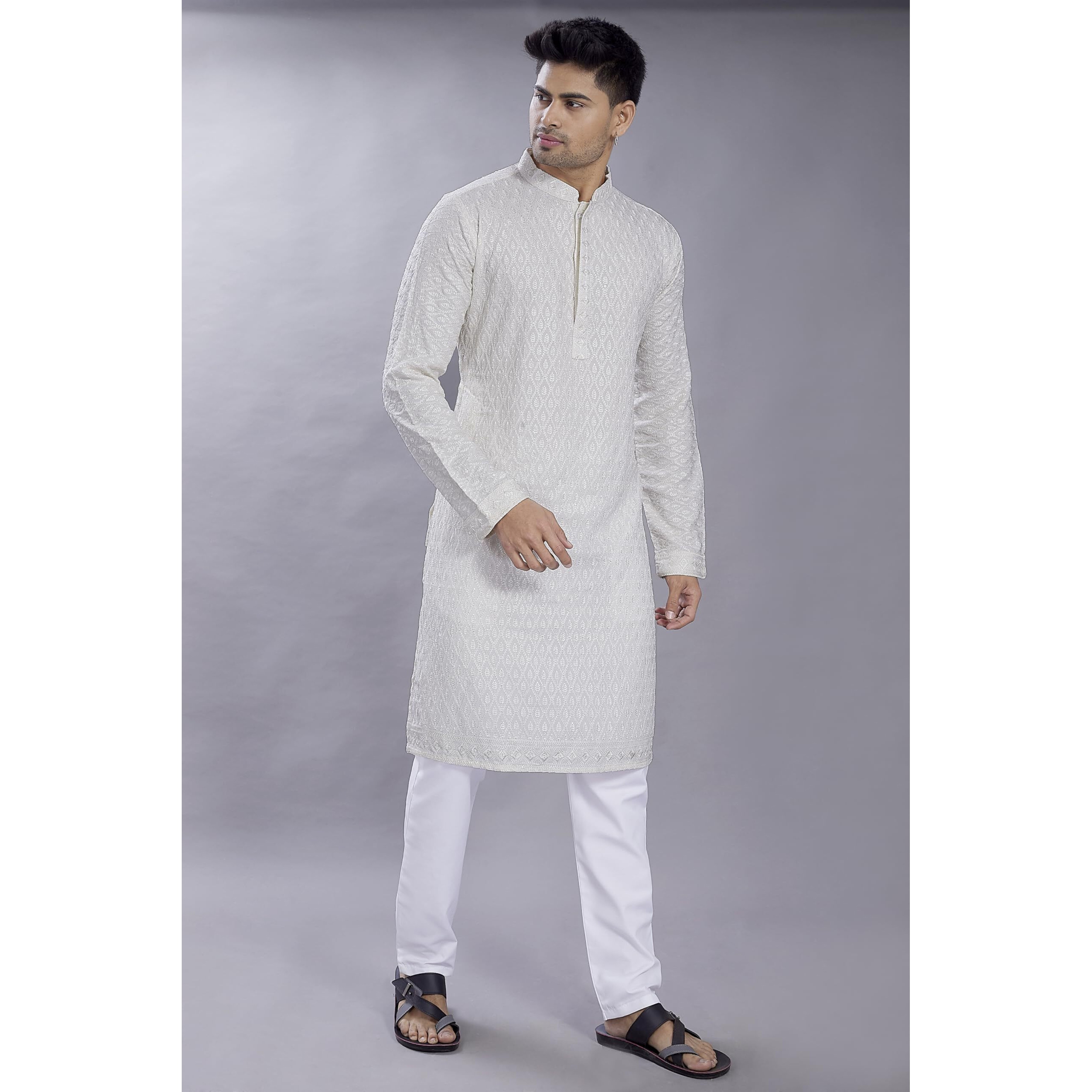 Divisive Men's Embroidered Cotton Blend Only Slim Fit Kurta (Dkrt678_Xl_Off White)