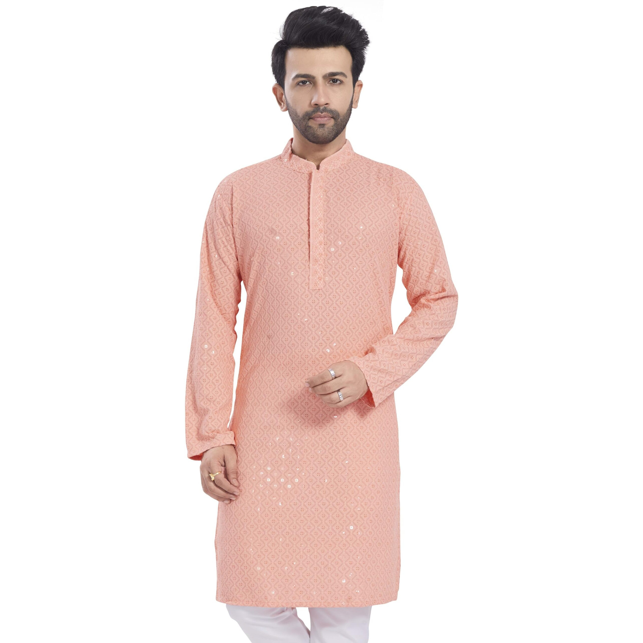 Divisive Men's Sequince Embroidered Cotton Blend Only Slim Fit Kurta (Dkrt523_Xxxl_Peach)