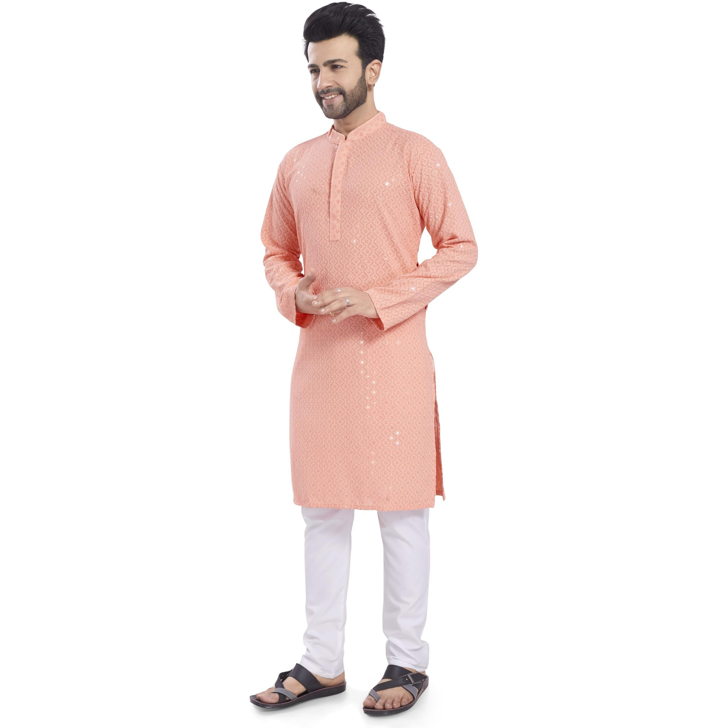 Divisive Men's Sequince Embroidered Cotton Blend Only Slim Fit Kurta (Dkrt523_Xxxl_Peach)