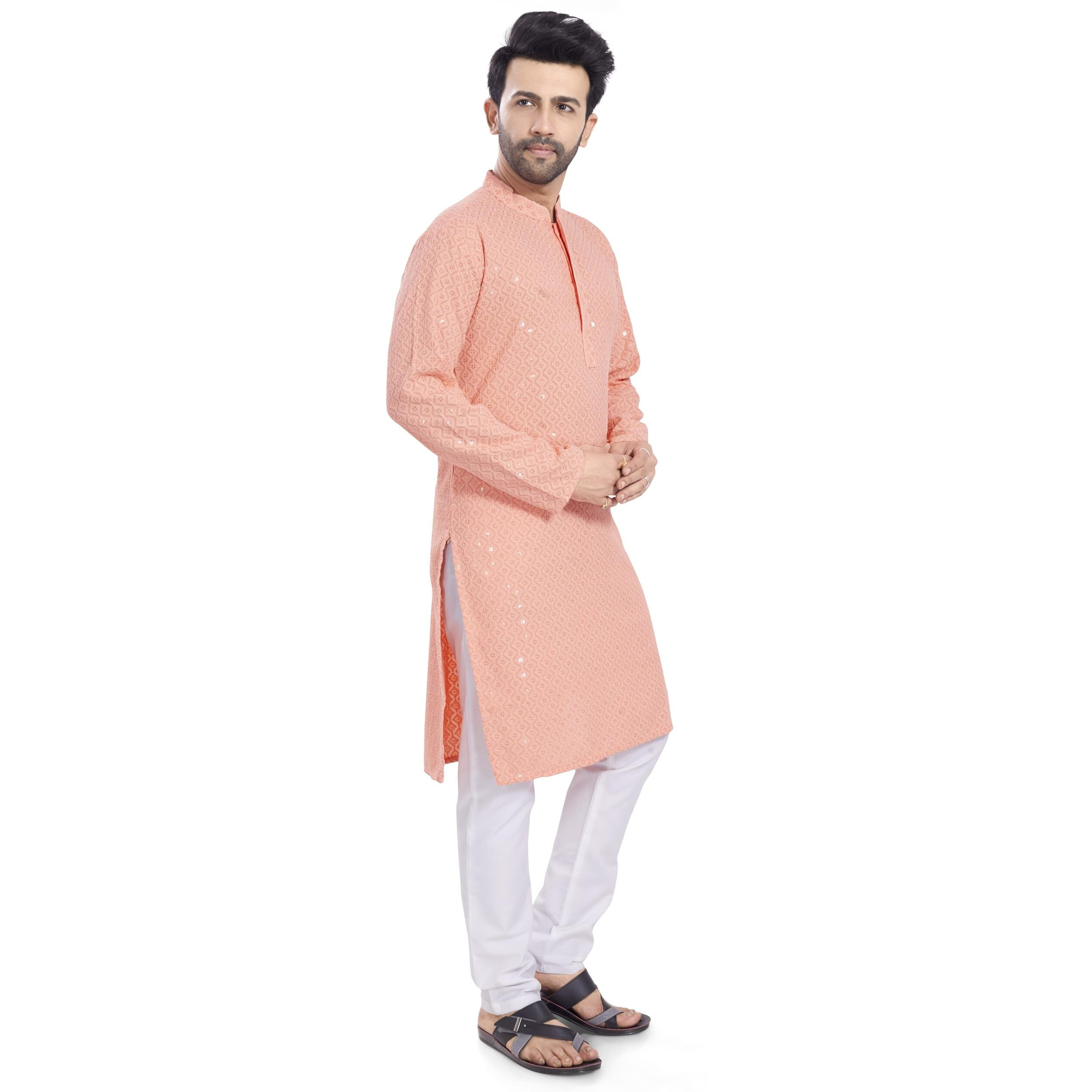 Divisive Men's Sequince Embroidered Cotton Blend Only Slim Fit Kurta (Dkrt523_Xxxl_Peach)