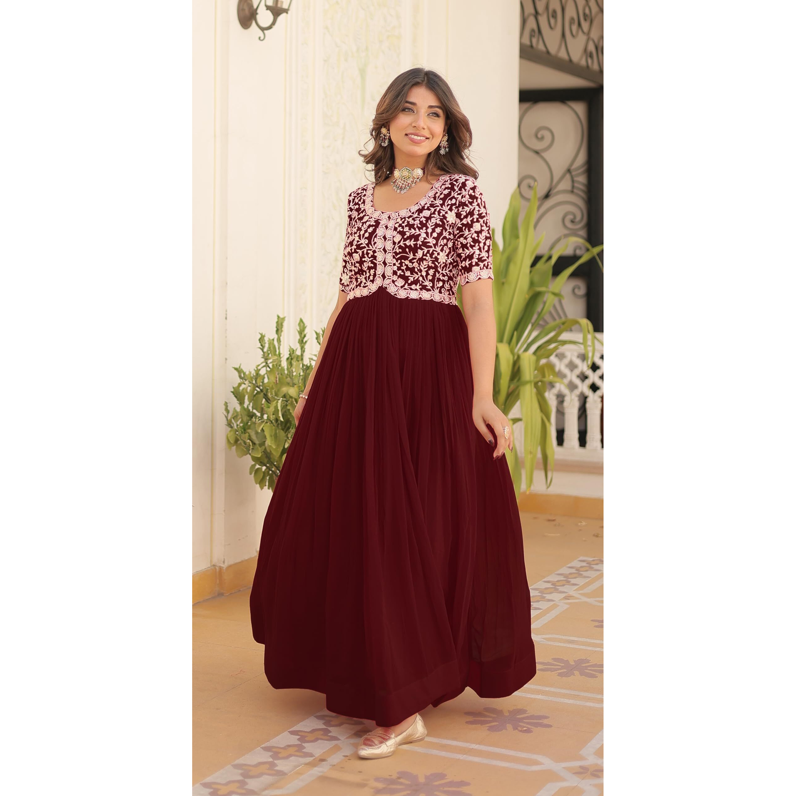 Fashion Basket Georgette Embroidered Anarkali Gown For Women Maroon