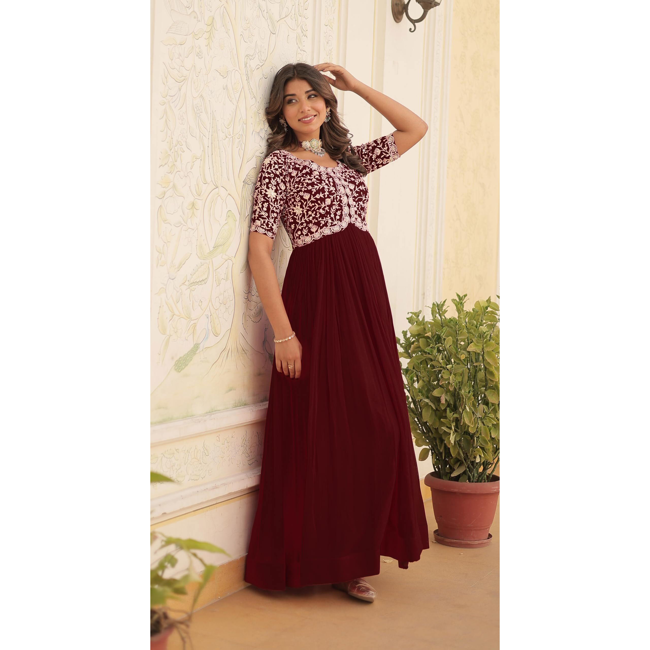 Fashion Basket Georgette Embroidered Anarkali Gown For Women Maroon