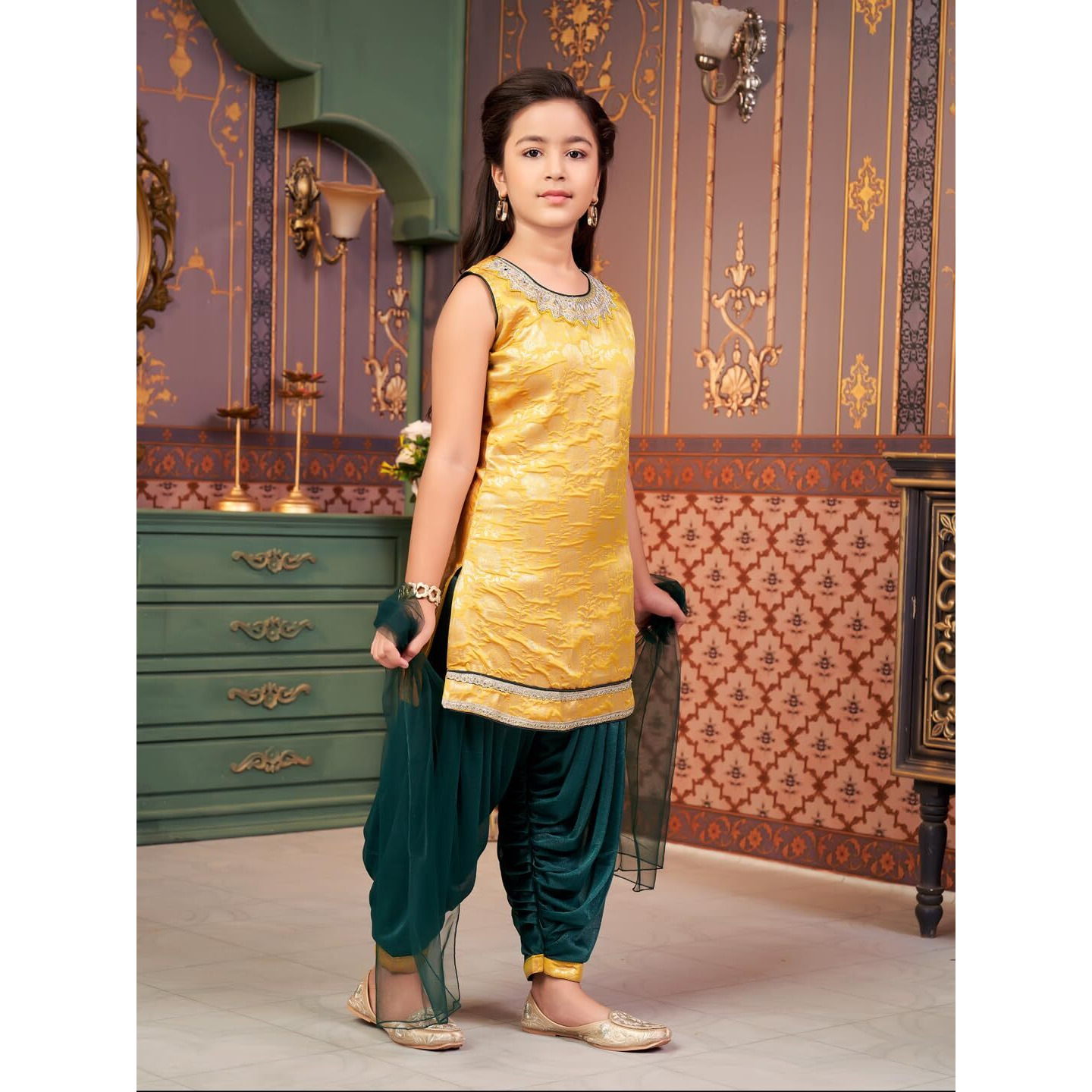 Aarika Girls Ethnic Wear Yellow-Green Colour Mirror Embroidery Brocade Kurti Patiala Set With Dupatta-5-13 Years (Pt-18138)