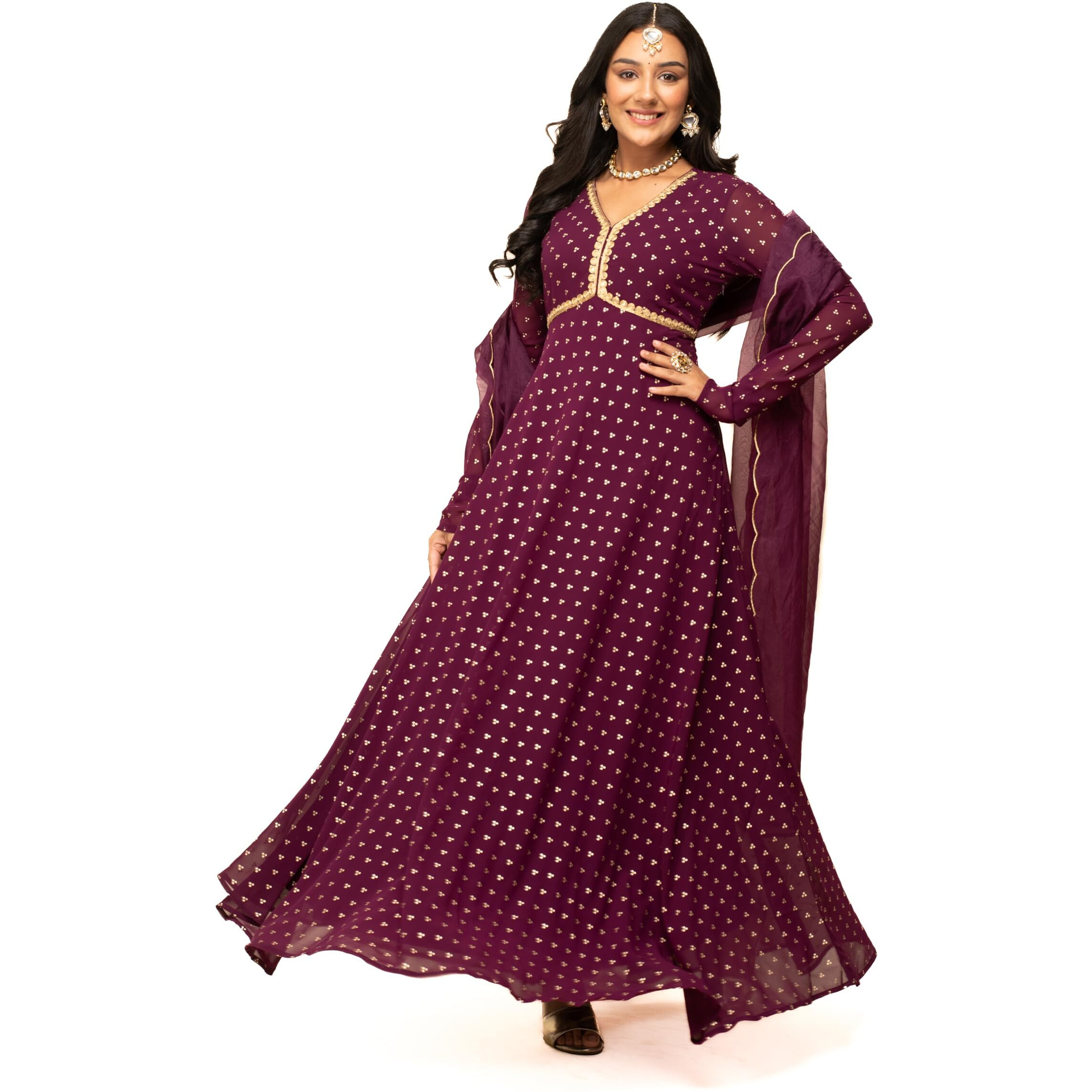 Fiorra Women's Wine Georgette Printed Gown With Dupatta Set0129