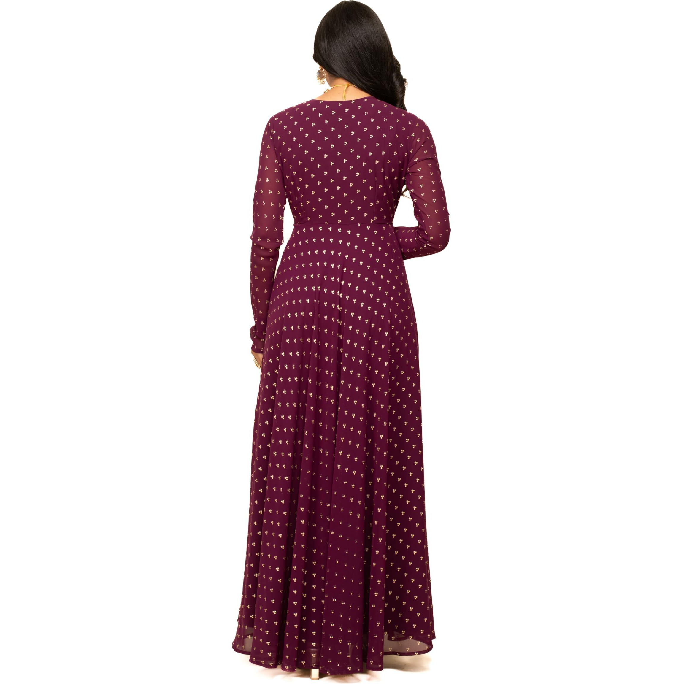Fiorra Women's Wine Georgette Printed Gown With Dupatta Set0129