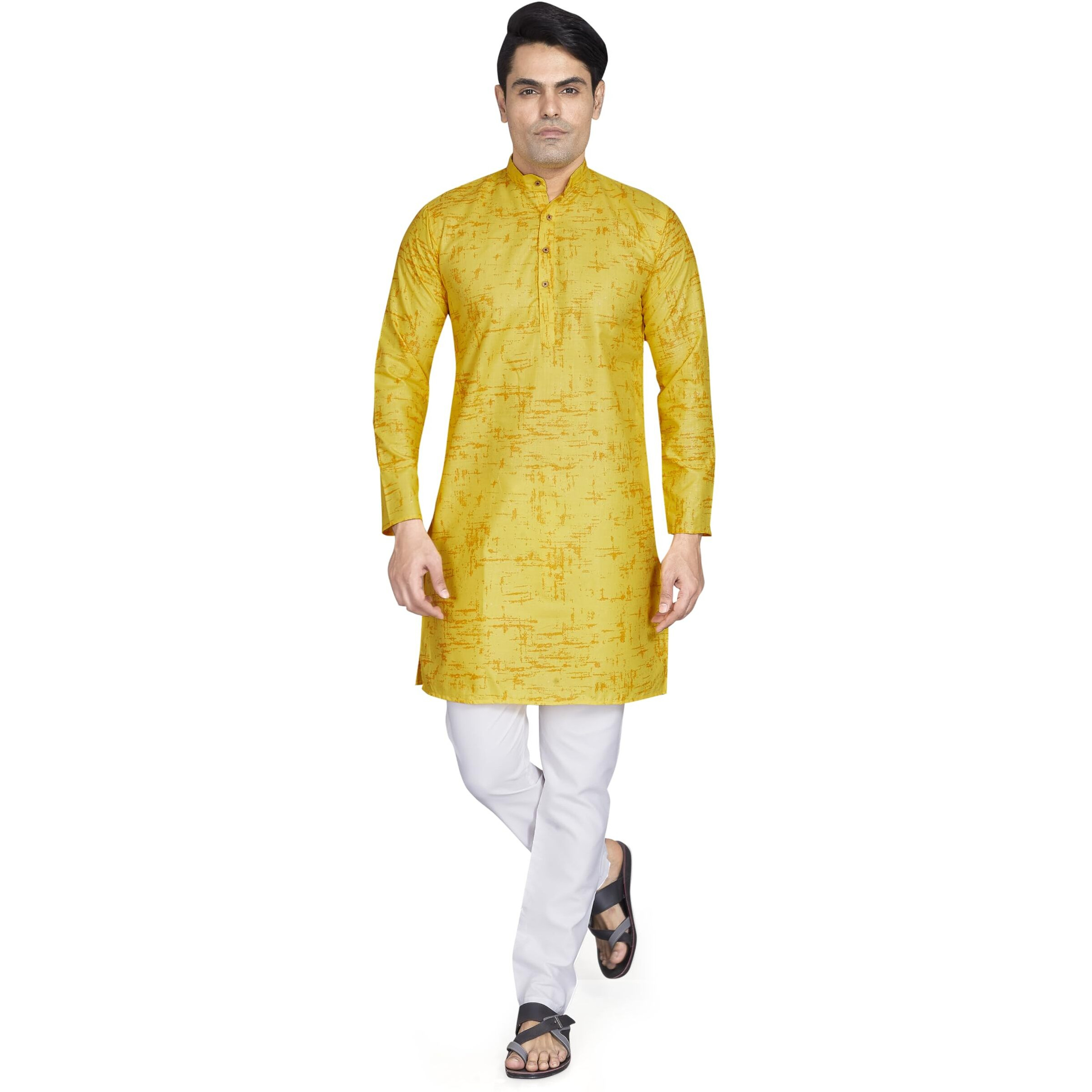 Divisive Men's Printed Cotton Blend Linen Slim Fit Kurta Pyjama Set (Dkrt874_S_Yellow)
