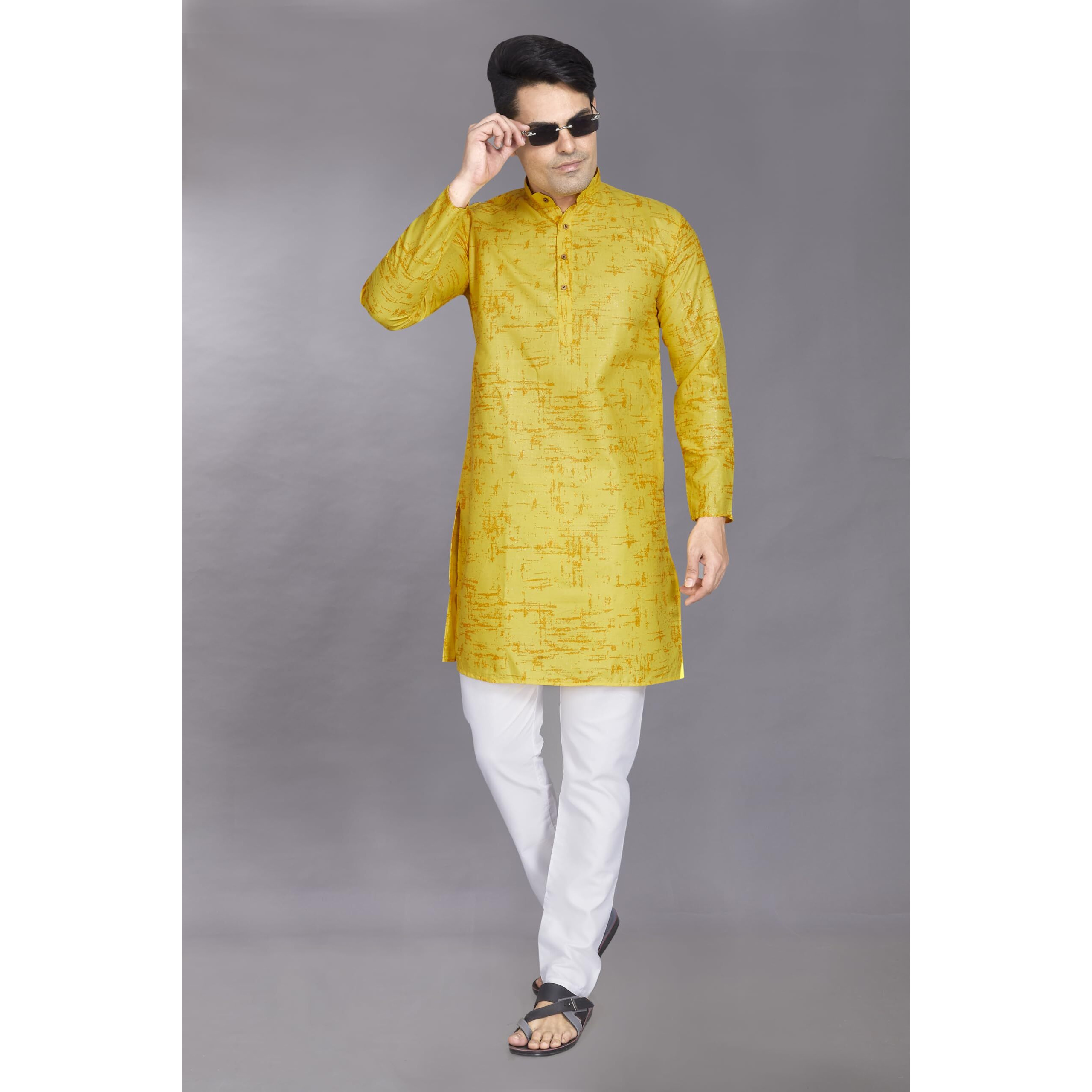 Divisive Men's Printed Cotton Blend Linen Slim Fit Kurta Pyjama Set (Dkrt874_S_Yellow)