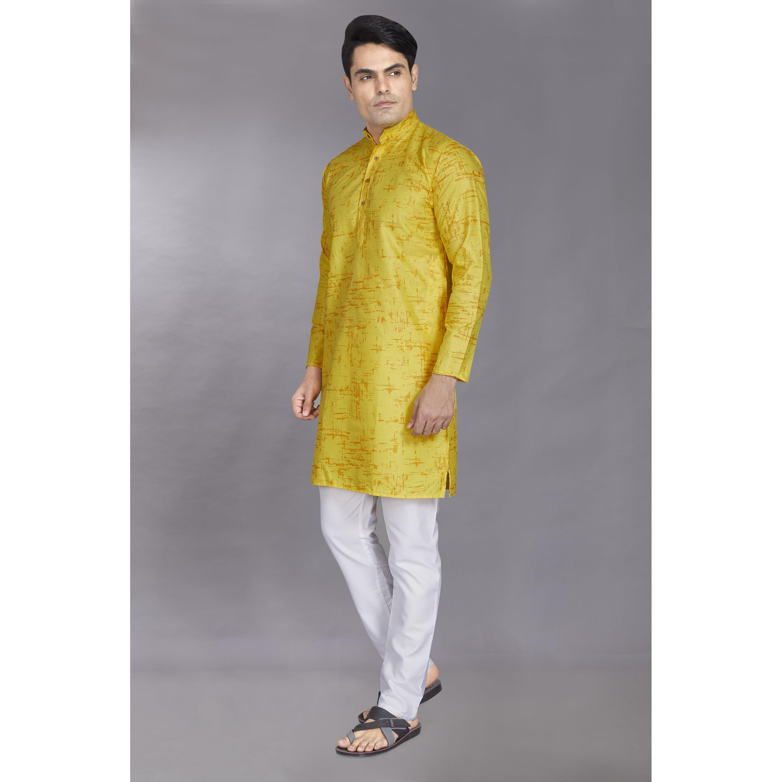 Divisive Men's Printed Cotton Blend Linen Slim Fit Kurta Pyjama Set (Dkrt874_S_Yellow)