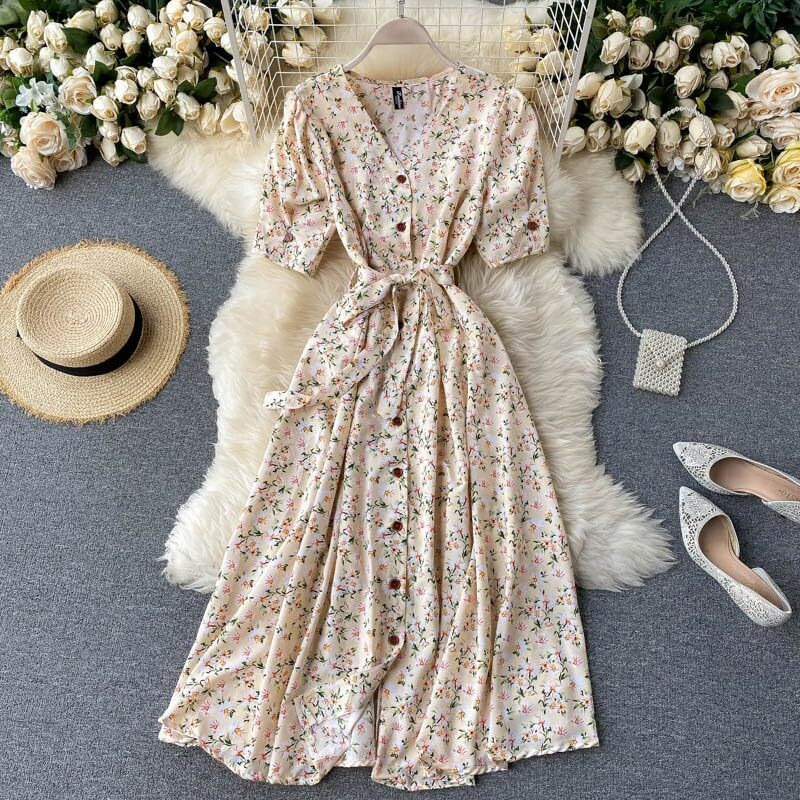 Gufrina Dresses For Women Half Sleeve || Floral Print || V-Neck And Puff Sleeves || Front Open Button & Tie-Up || Midi Dress (Beige M)