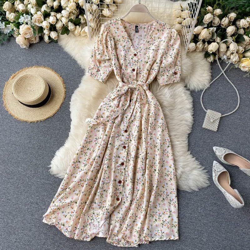 Gufrina Dresses For Women Half Sleeve || Floral Print || V-Neck And Puff Sleeves || Front Open Button & Tie-Up || Midi Dress (Beige M)