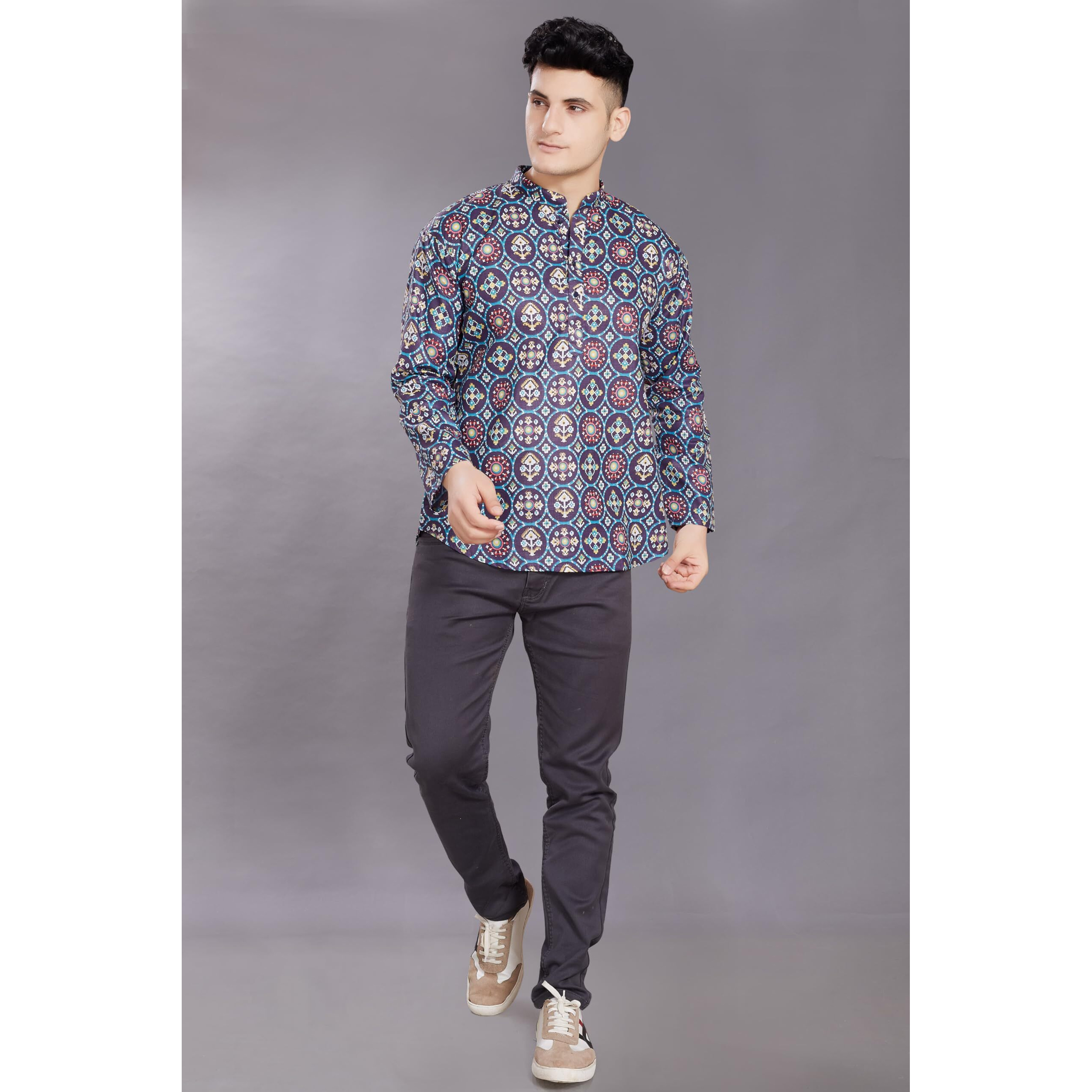 Divisive Men's Pure Cotton Relaxed Fit Printed Short Kurta (Dkrt441_Xl_Dark Blue)