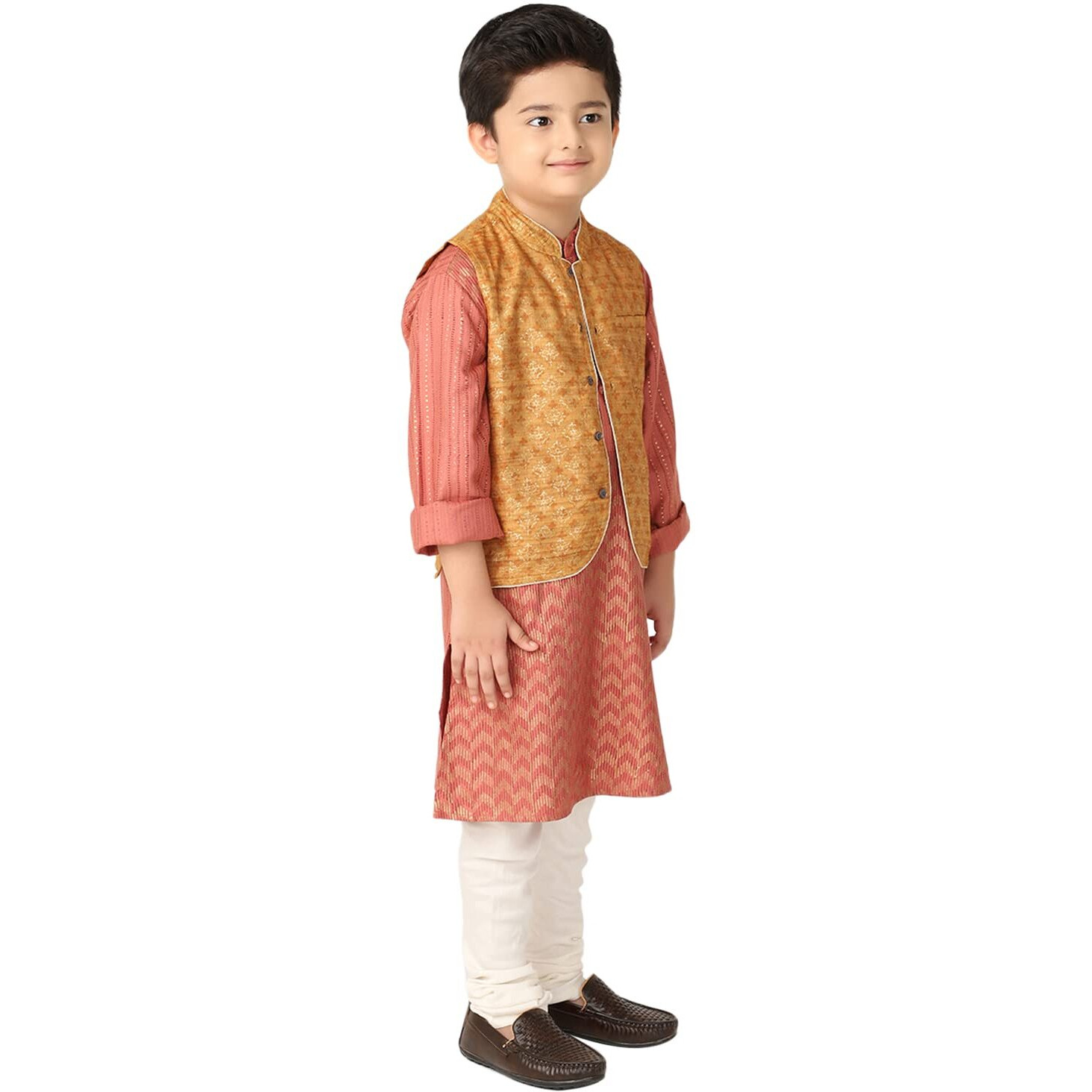 Fabindia Kids Tussur Ghicha Printed Nehru Jacket Silk_4-6Y