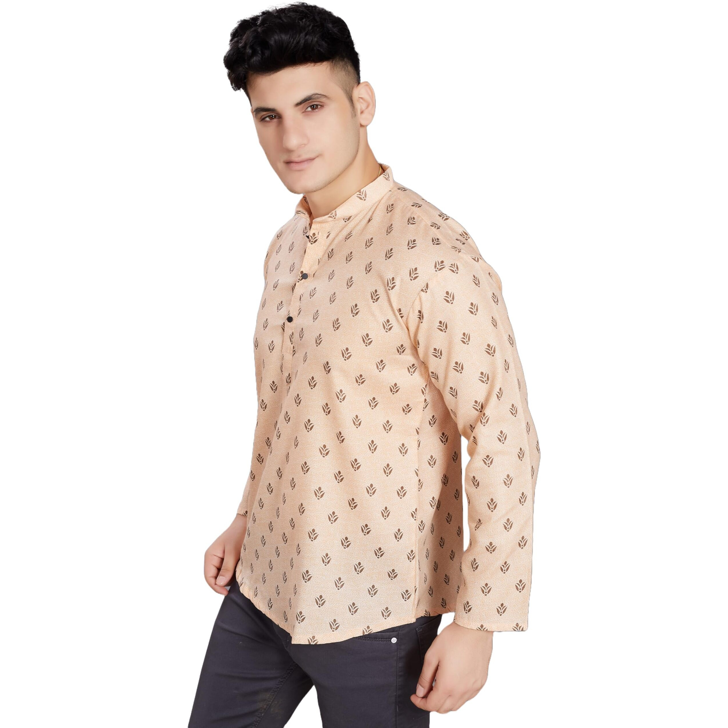 Divisive Men's Pure Cotton Relaxed Fit Printed Short Kurta (Dkrt444_M_Beige)