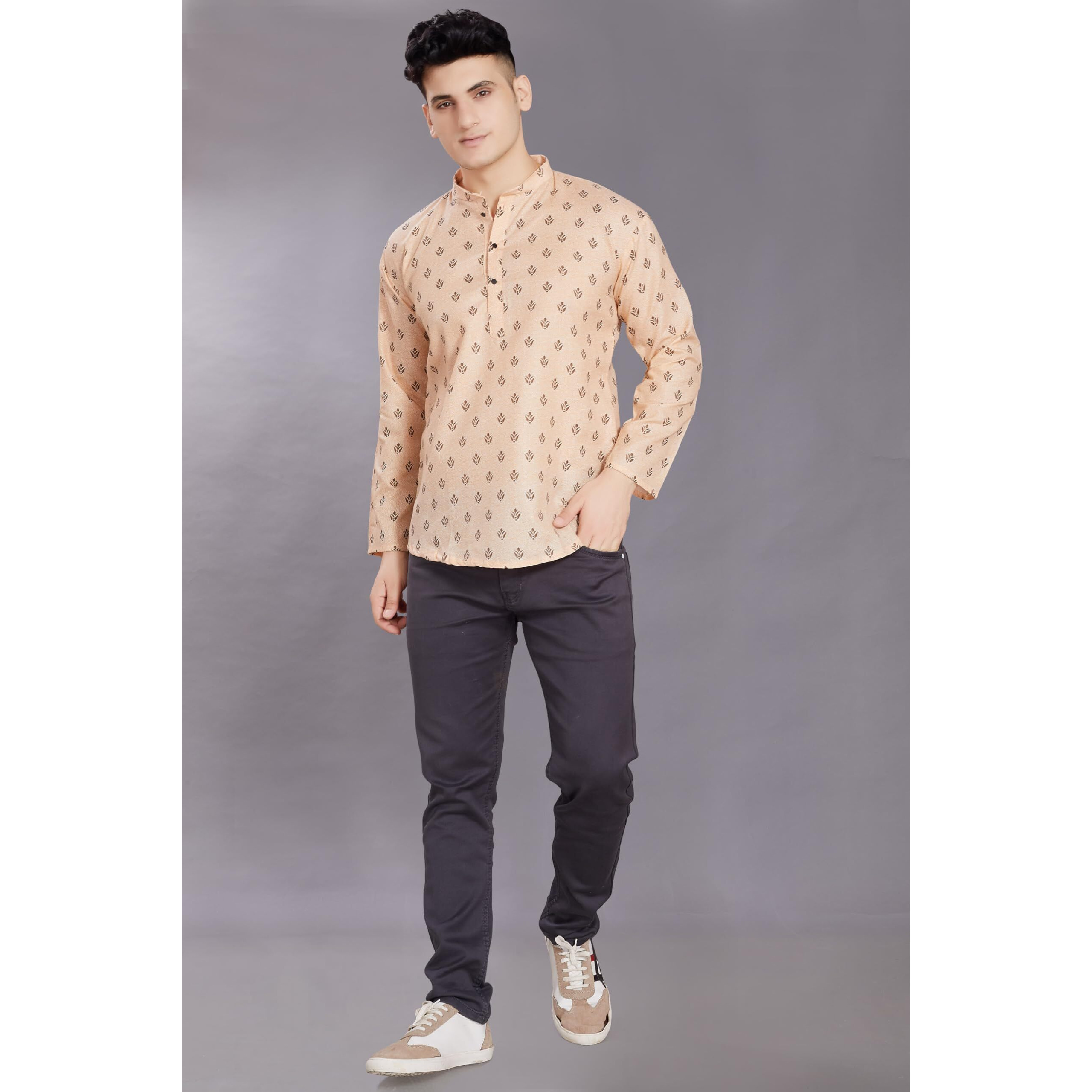 Divisive Men's Pure Cotton Relaxed Fit Printed Short Kurta (Dkrt444_M_Beige)