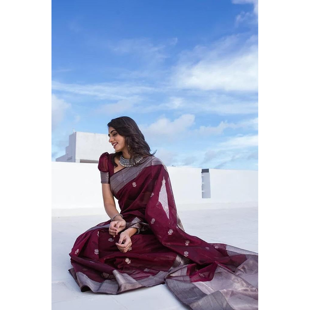 Flosive Silk Women's Mix Color & Golden Kanjivaram Wedding Saree With Blouse (Dark Maroon)