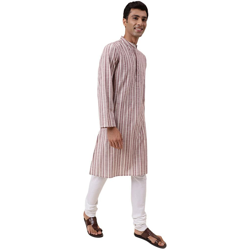 Fabindia Men's Cotton Printed Comfort Fit Kurta (1032008Natural- White-Maroon