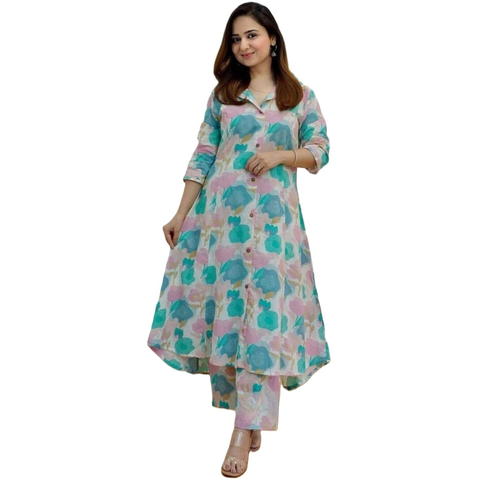 Greciilooks Women's Rayon Floral Regular Fit Kurta Set (Gl-W1821_Blue 01_Xl)