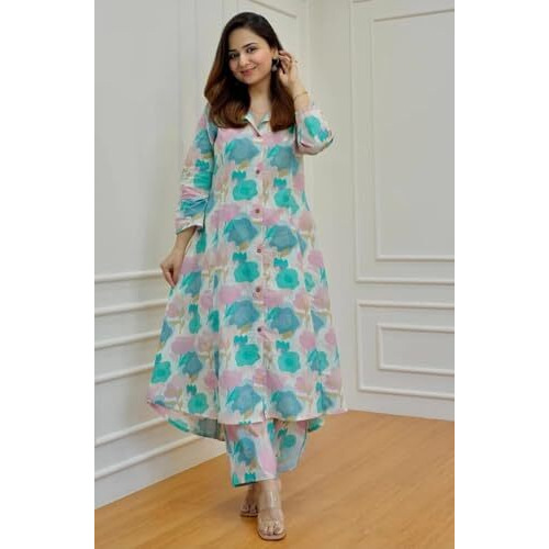 Greciilooks Women's Rayon Floral Regular Fit Kurta Set (Gl-W1821_Blue 01_Xl)