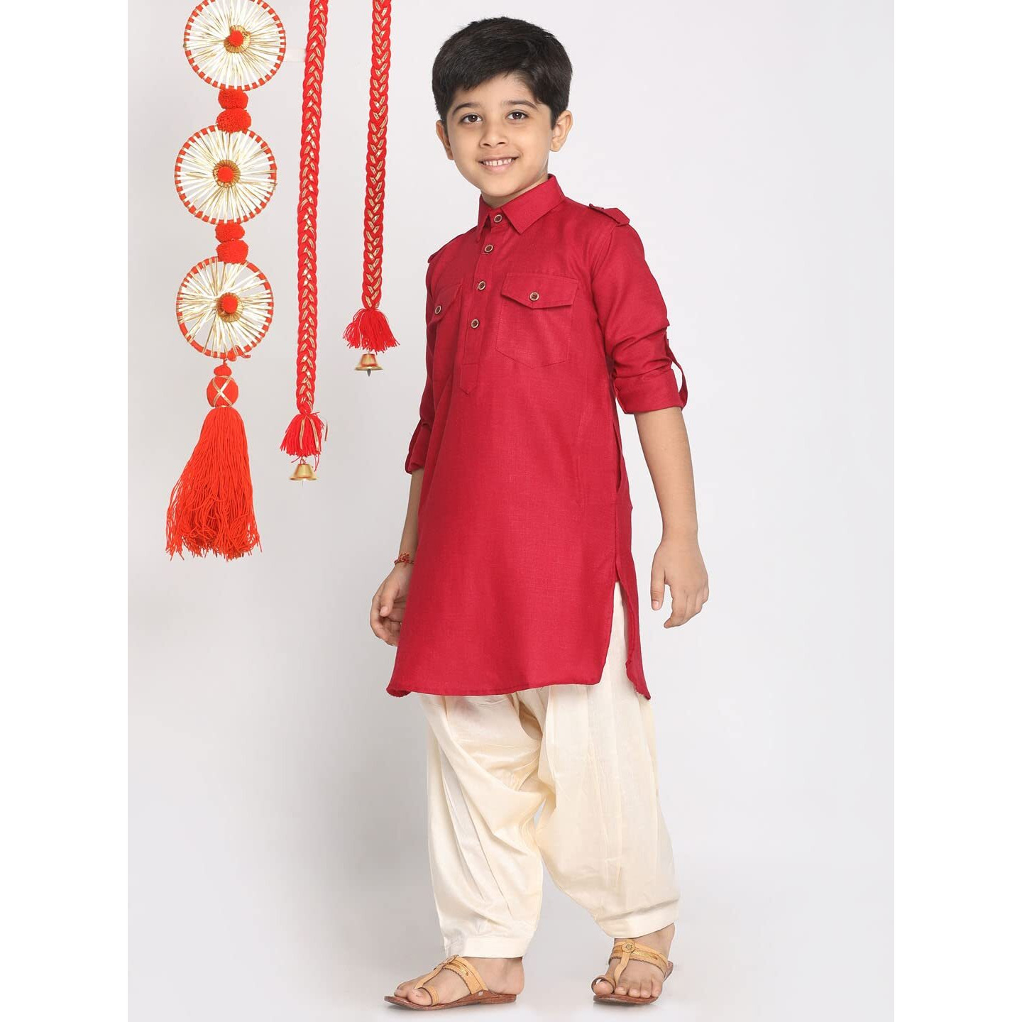 Jbn Creation Boys' Maroon Cotton Blend Pathani Suit Set