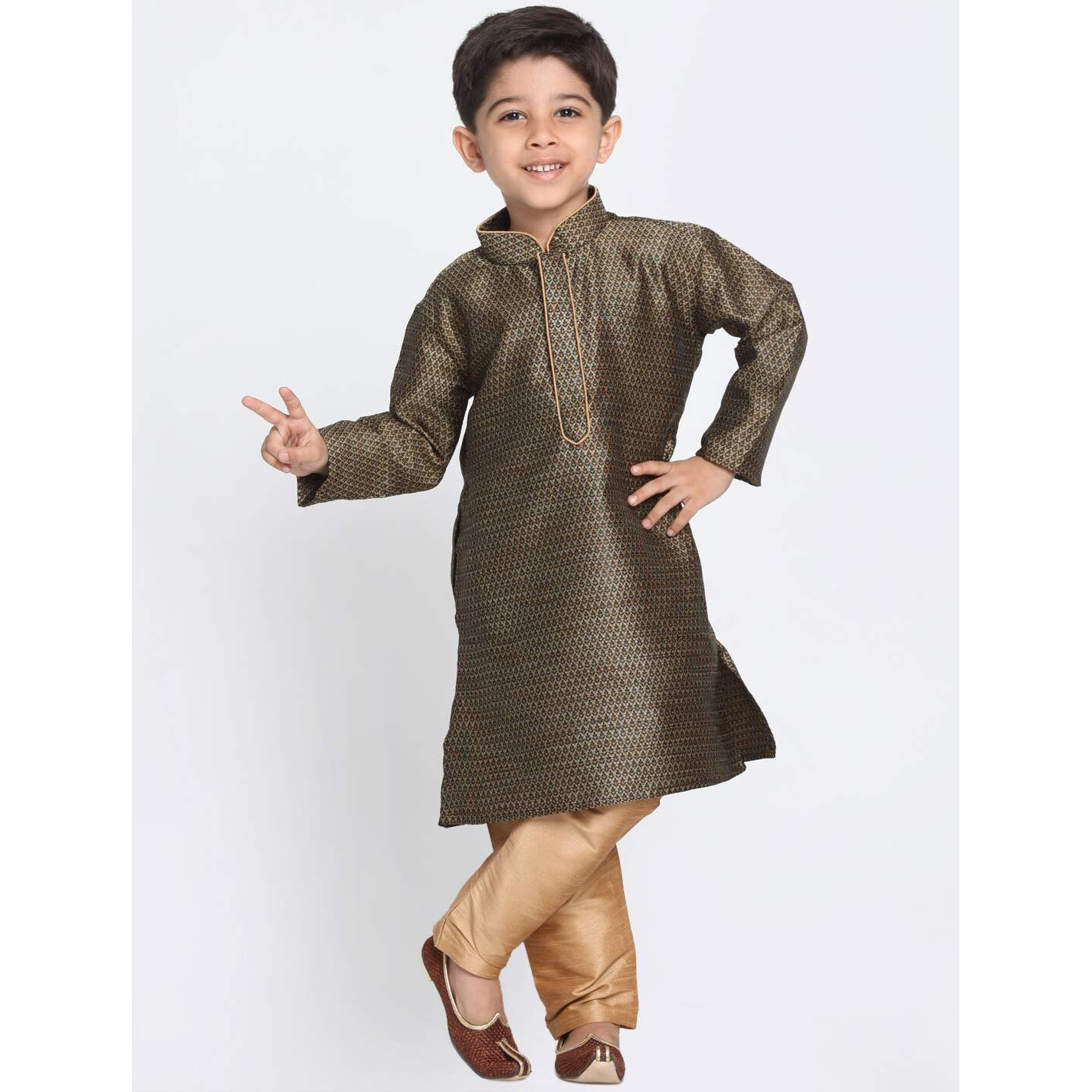 Jbn Creation Boys' Black And Rose Gold Silk Blend Kurta And Pyjama Set_Vasbk047Blnprg_22