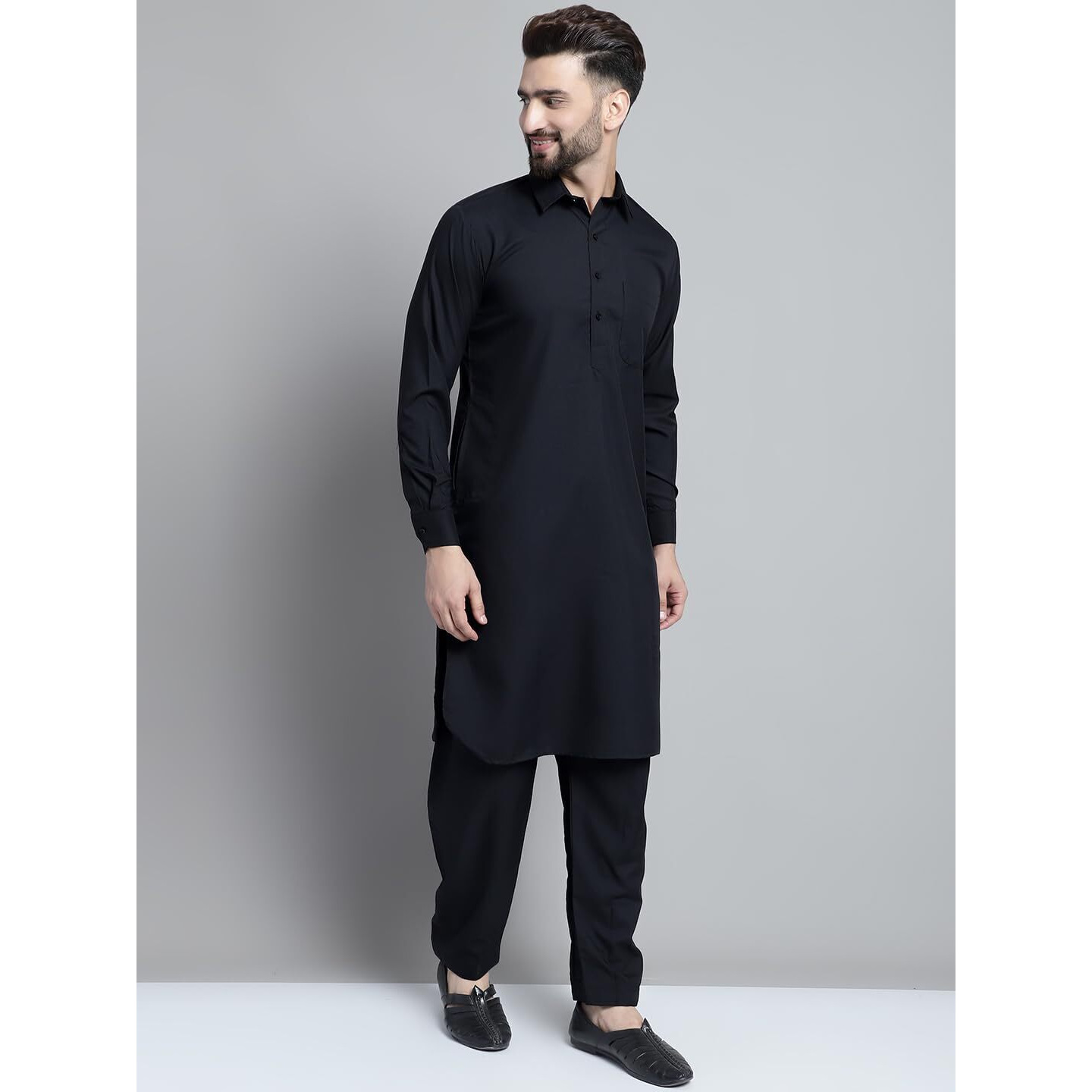 Jompers Men's Cotton Solid Pathani Kurta With Salwar (Black, Xl)